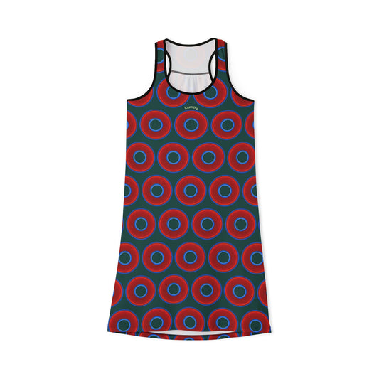 Tela's Lumpy Racerback Donut Dress - red vivid donut print w/dark Fenway green background