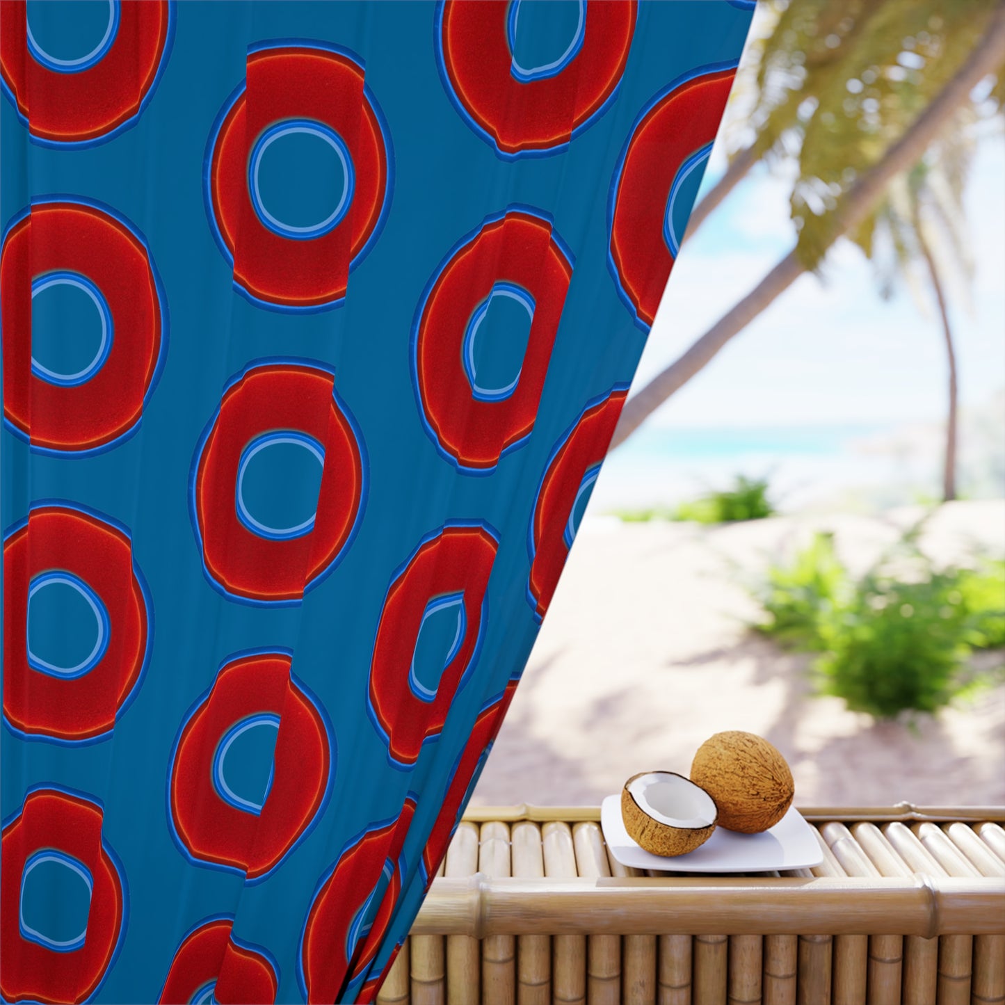 Lump's Heady Curtain w/Donuts - vivid red donut print - w/wavy navy blue - [*1 Piece / 50" x 84"]