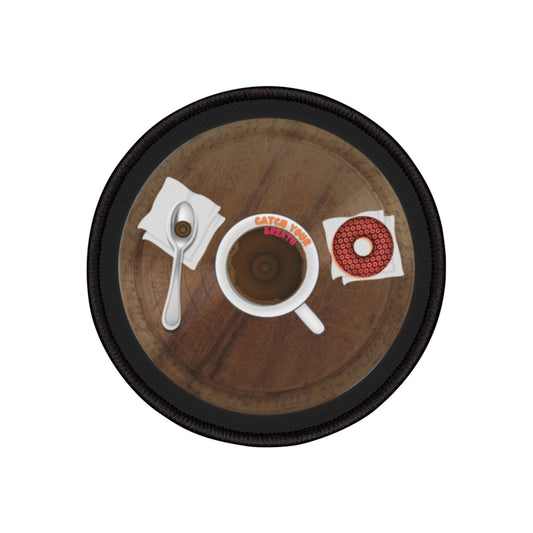 Iron-On Donut Patch - "Coffee w/my Donut Patch" - brown wooden table donut