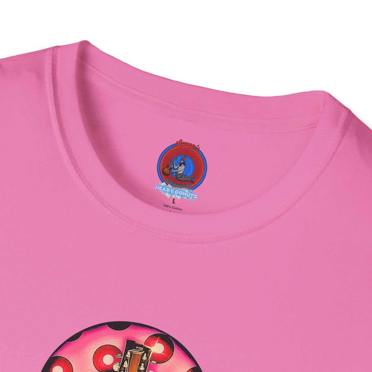 Classic Donut Tee - Unisex Soft-Style - "Would You Be My Donut?" - paradoxical faded magenta/red donut - variant 1