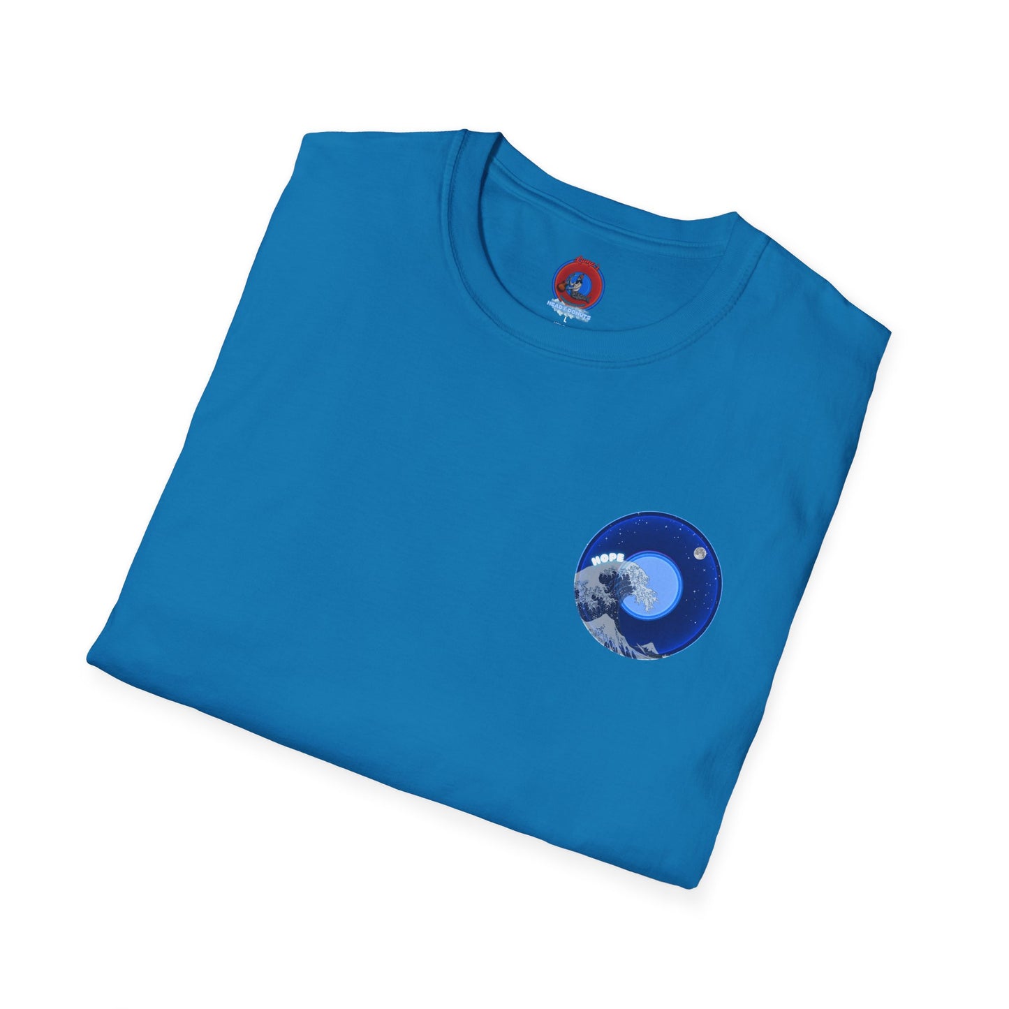 Classic Donut Tee - Unisex Soft-Style - "The Hopeful Waving Donut" - vivid blue donut
