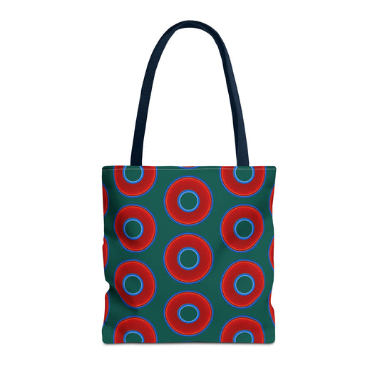Lumpy Beach/Tote Bag - red vivid donuts w/dark grayish green background
