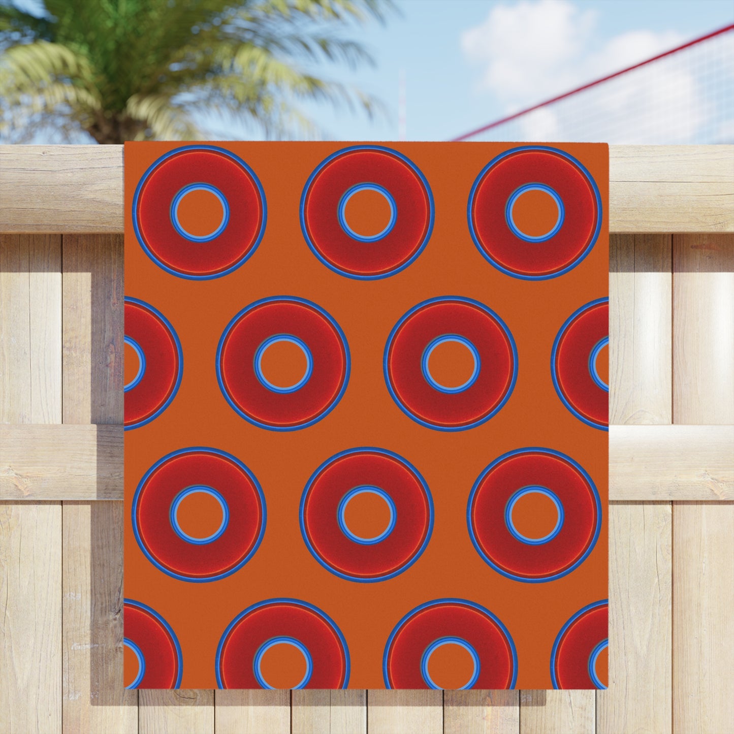 Lumpy Donut Towels - vivid red donuts w/dark orange background