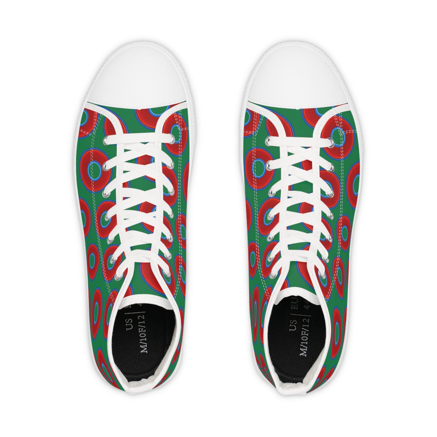 Men's High Top Chucks - large vivid red donut print w/green background