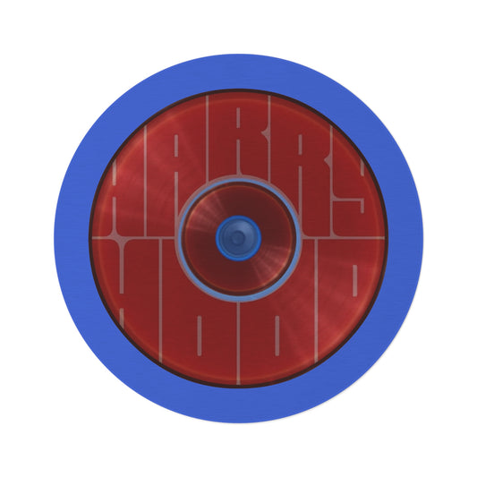 Round Room - 5 ft x 5 ft Lumpy Donut Rug - "Harry's Hoodlum Donut Rug" - vivid red word donut w/royal blue background - variant 4