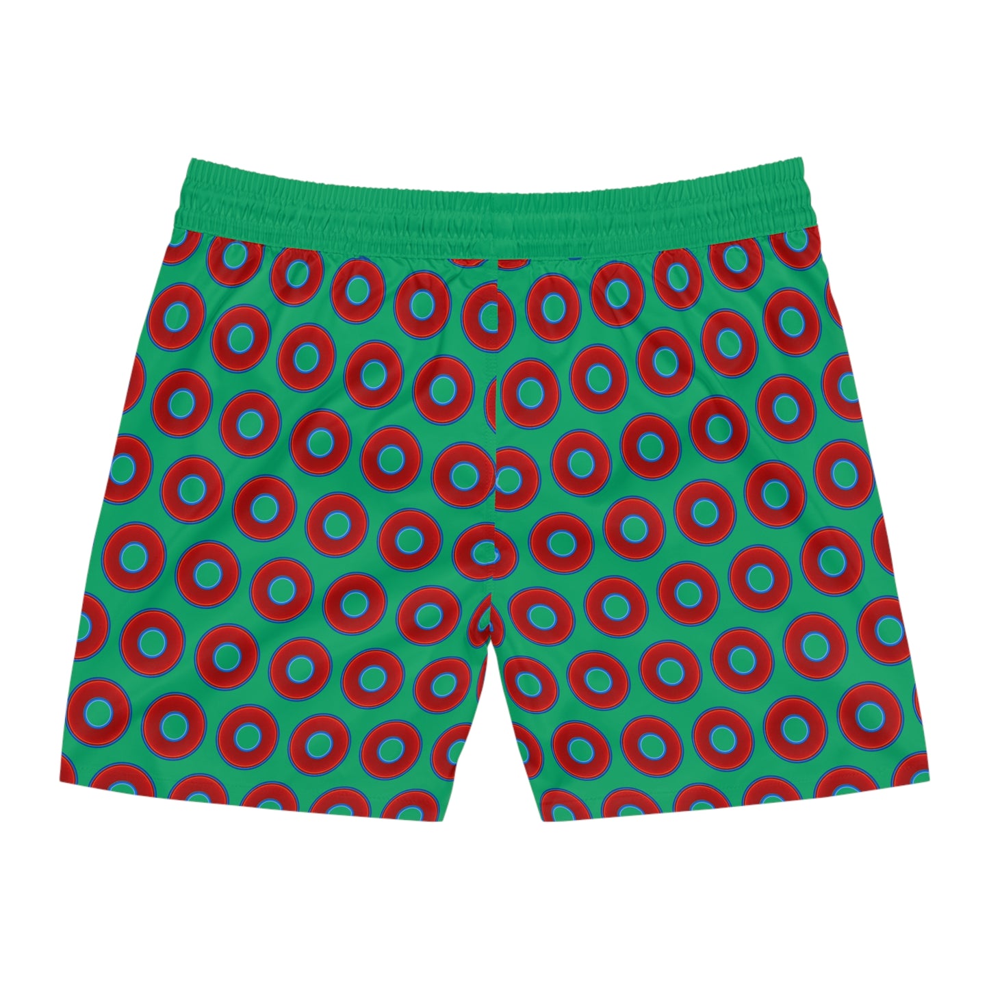 Men's Lumpy Swim Trunks - vivid red donut print w/jade green background