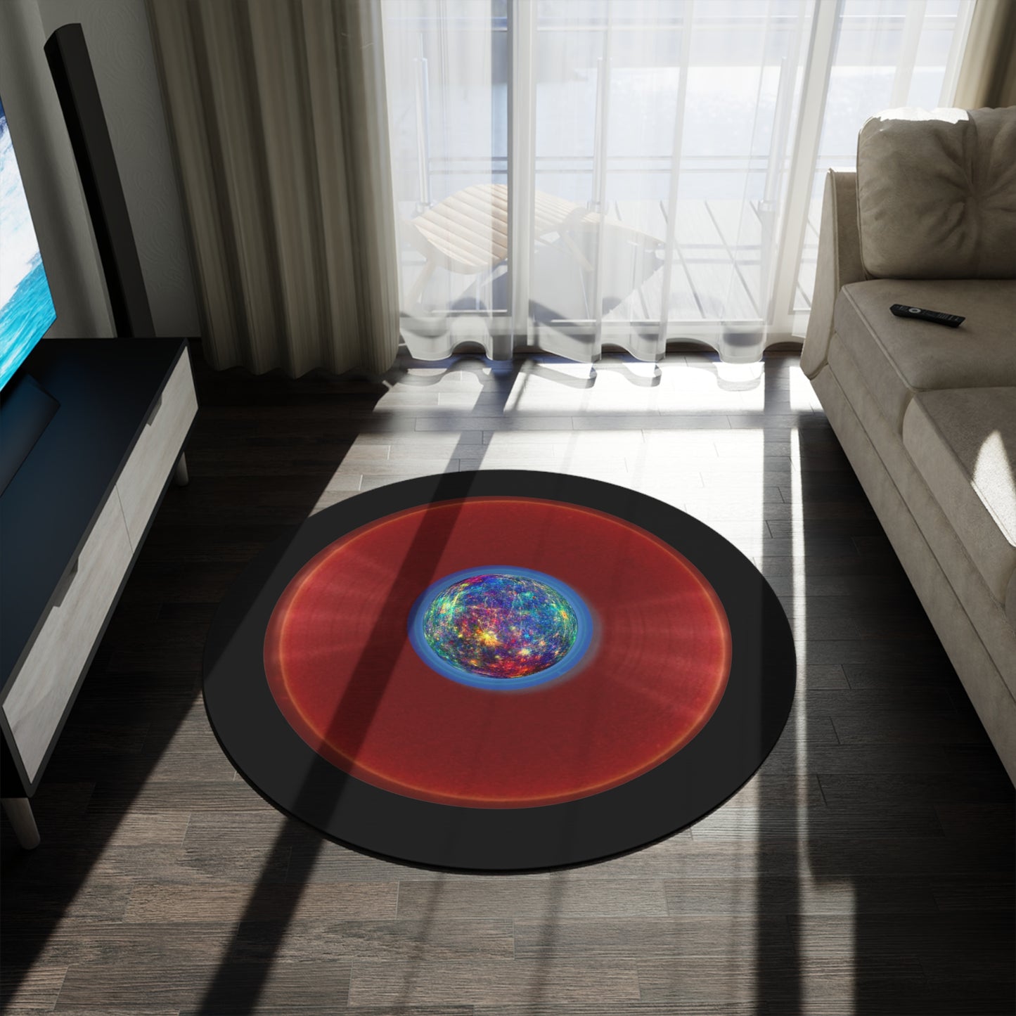 Round Room - 5 ft x 5 ft Lumpy Donut Rug - "Donut Rug of the Gods" - vivid red donut w/black background - variant 1