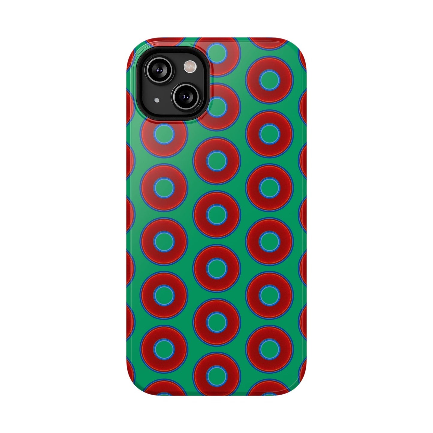 Impact-Resistant Lumpy Donut Case - red vivid donut print w/jade green background