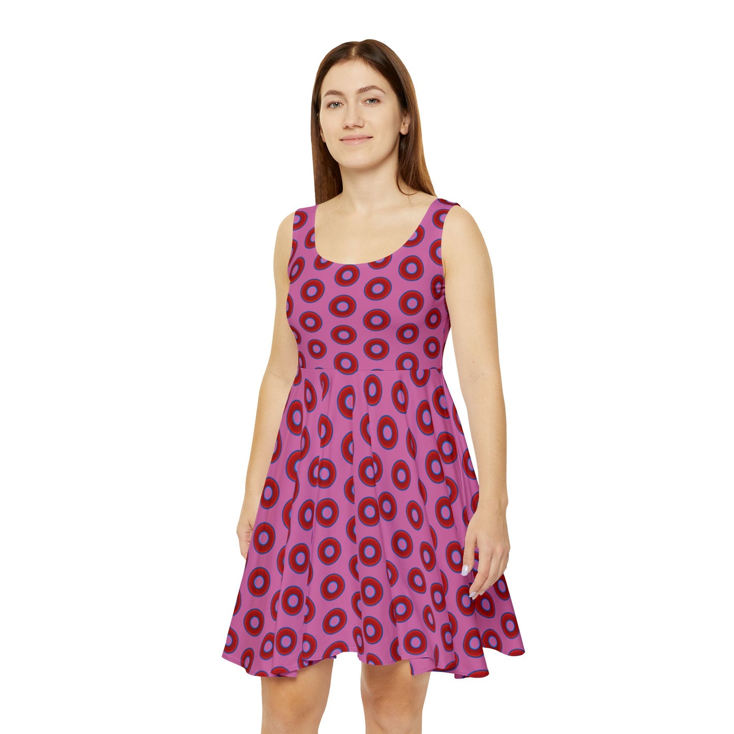 Women's Skater Donut Dress - vivid red donut print w/pink background