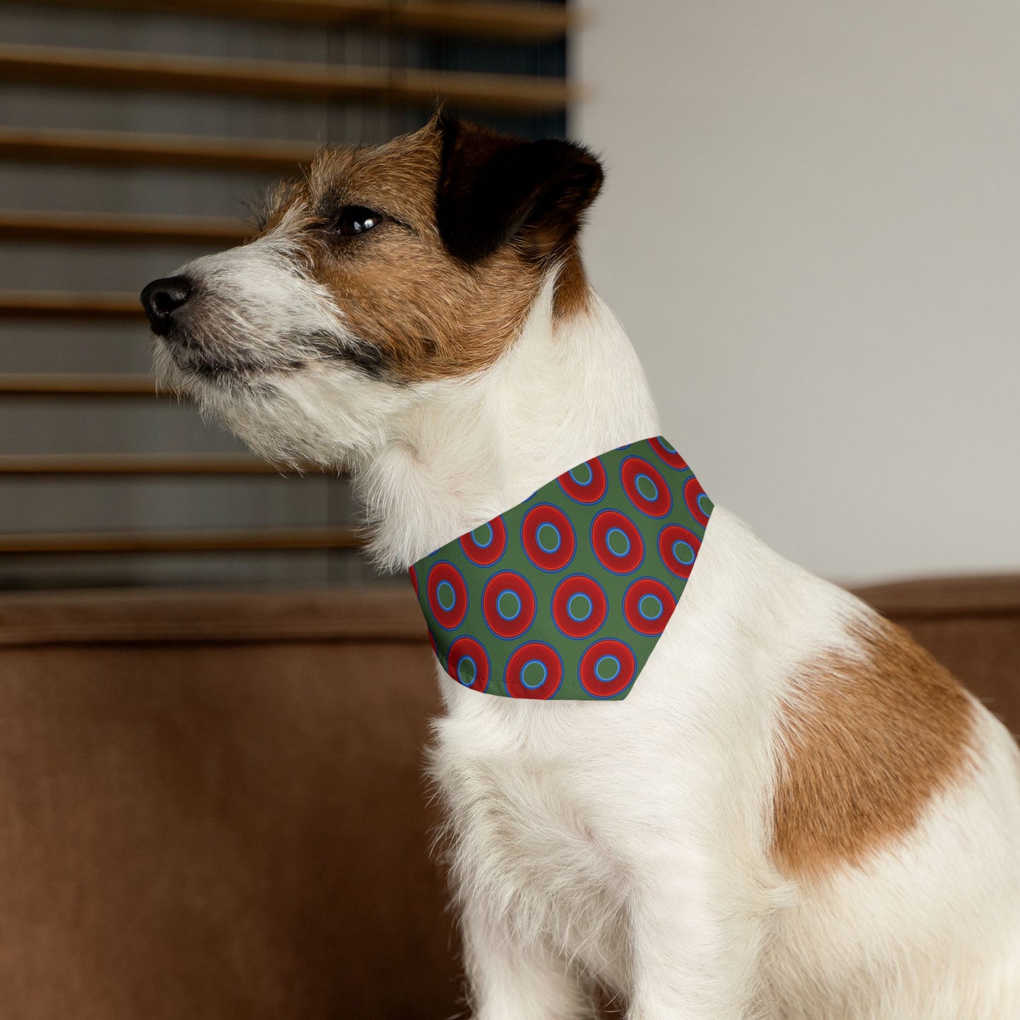 Jim's Lumpy Bandana Pet Collar - vivid red donuts w/dark green background