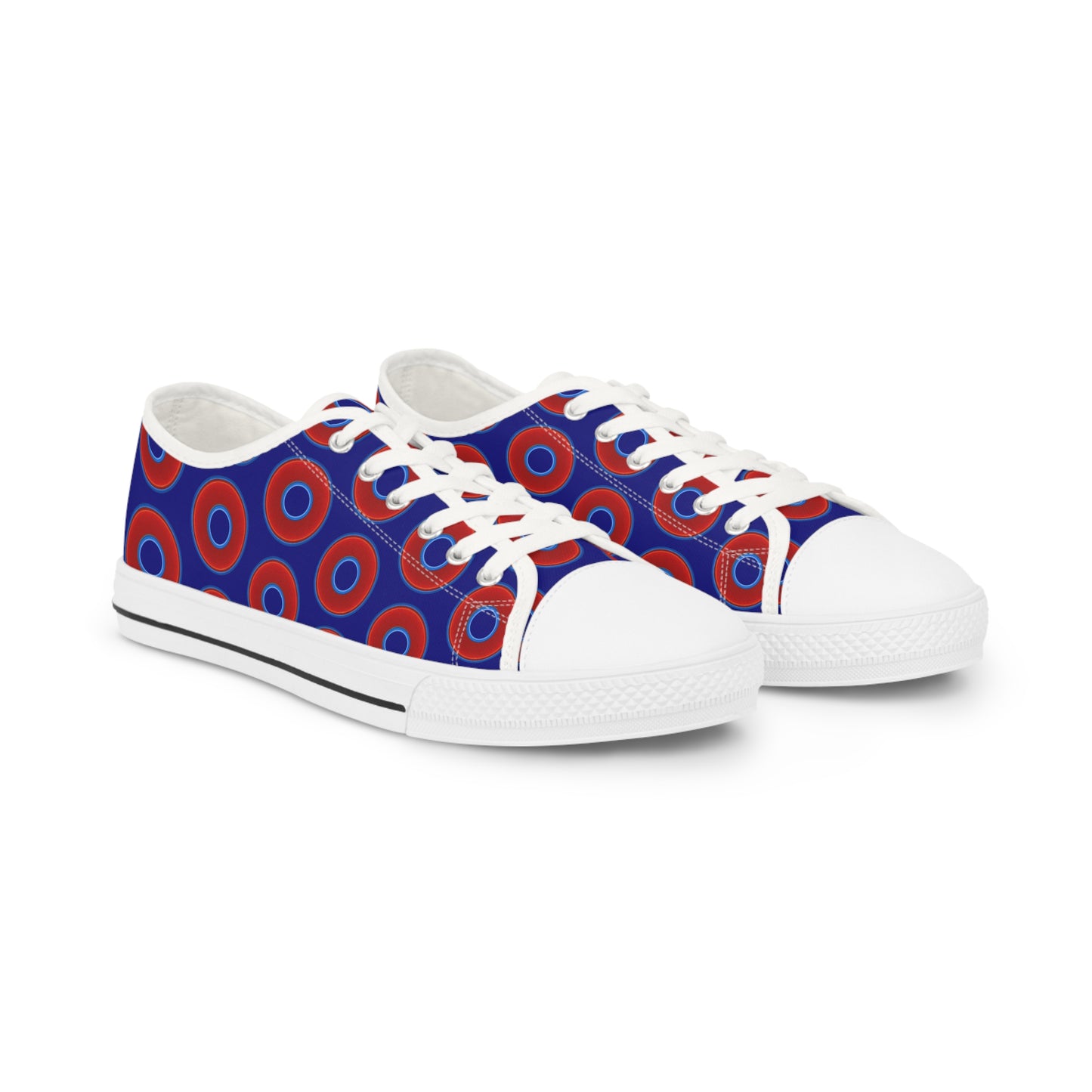 Men's - Low Top Chuck Taylors - large vivid red donut print w/vivid navy blue background