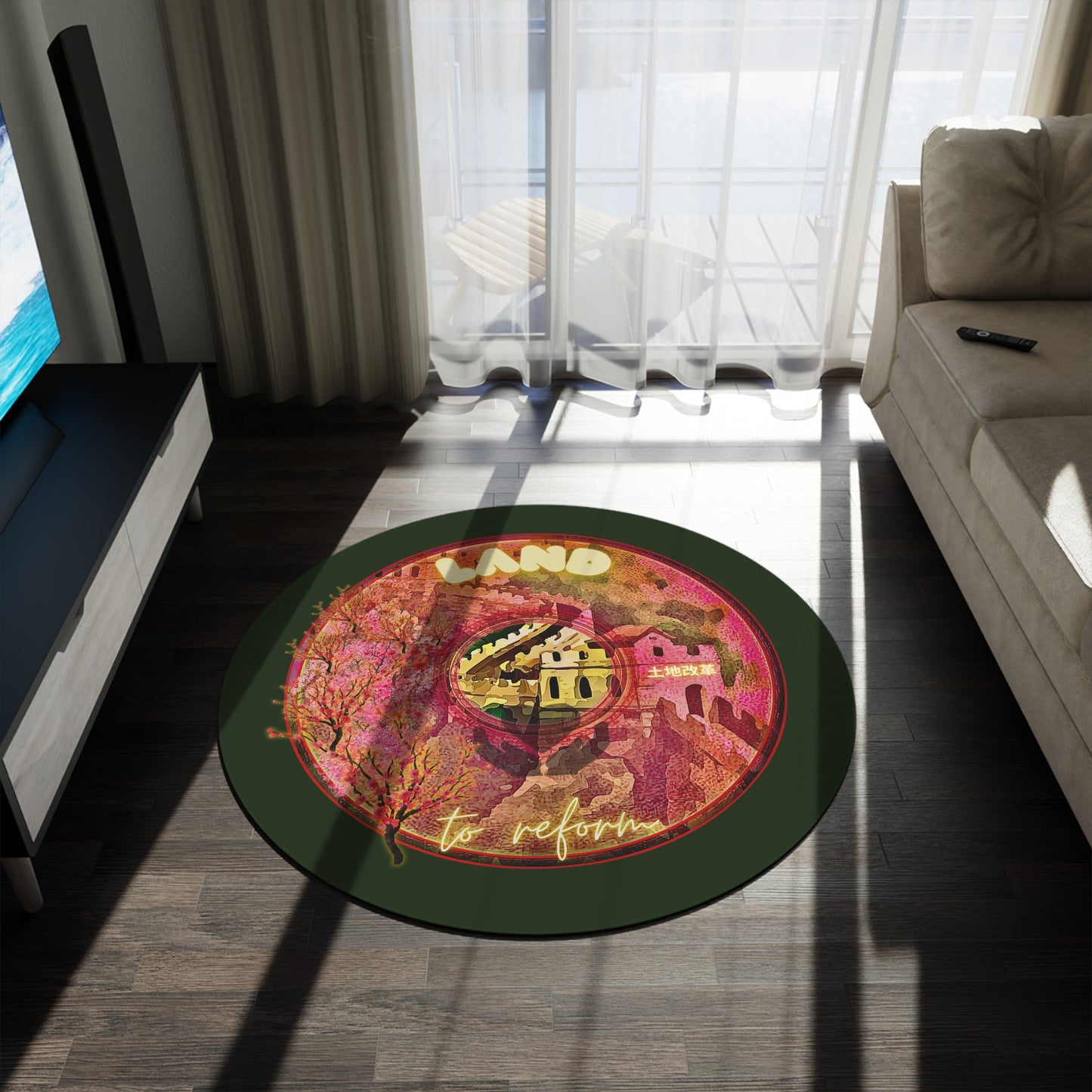 Round Room - 5 ft x 5 ft Lumpy Donut Rug - "The Reforming Donut Rug" - magenta pic donut w/deep forest green background