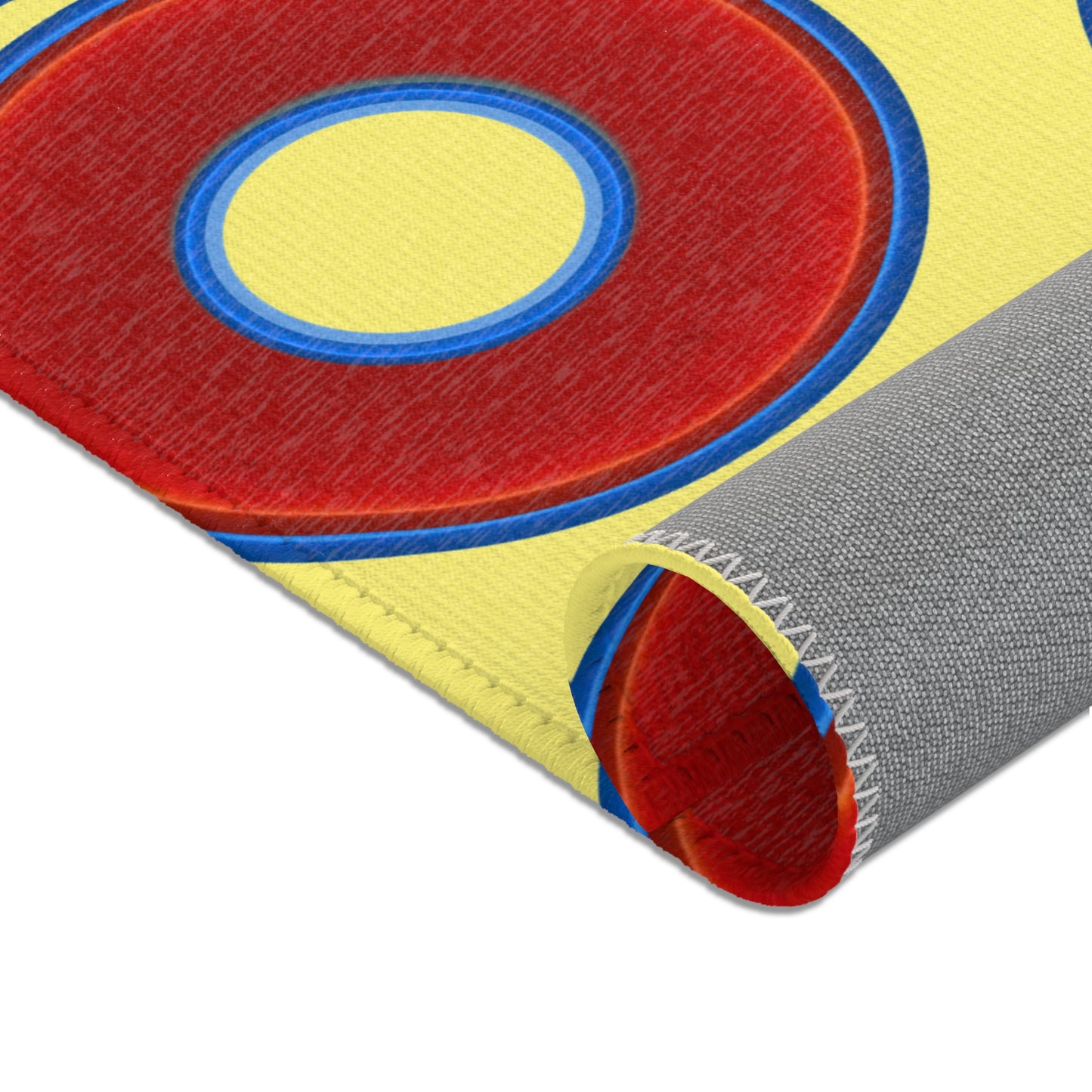 Lumpy Donut Print Rug - choice of 3 sizes - vivid red donut print w/yellow background