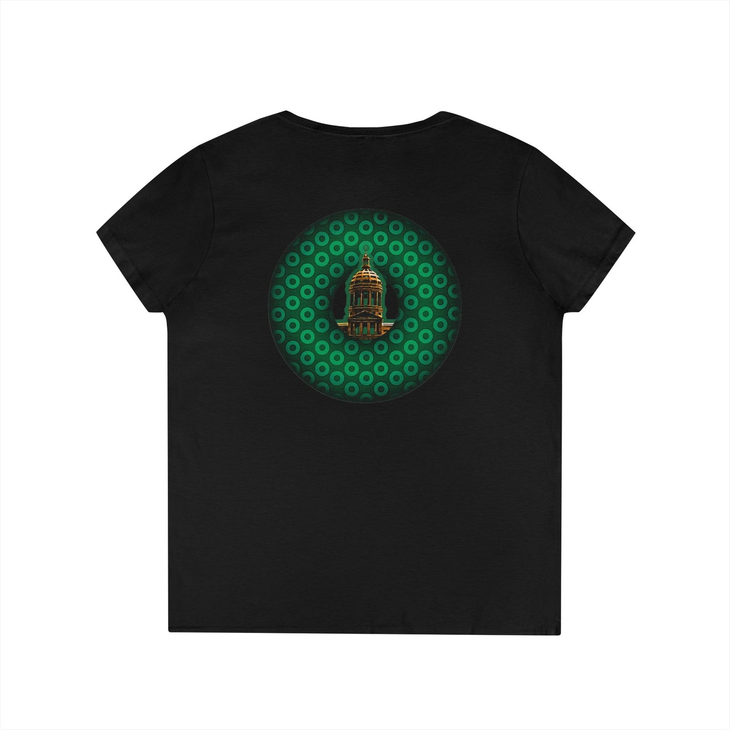 Women's Donut V-Neck Tee - "Save the Mondegreen City Hall Clock Tower" - variant 2 - green/green paradox donut w/