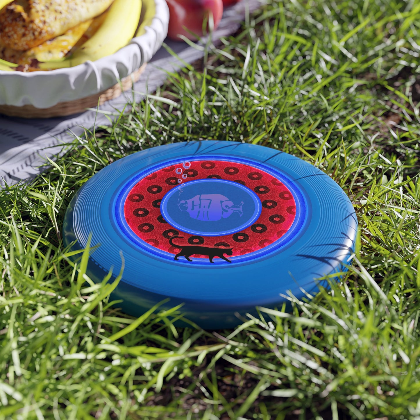 Lumpy Wham-O Donut Frisbee - "Cat's Meow Phrisbee" - red/royal blue rustic paradox donut