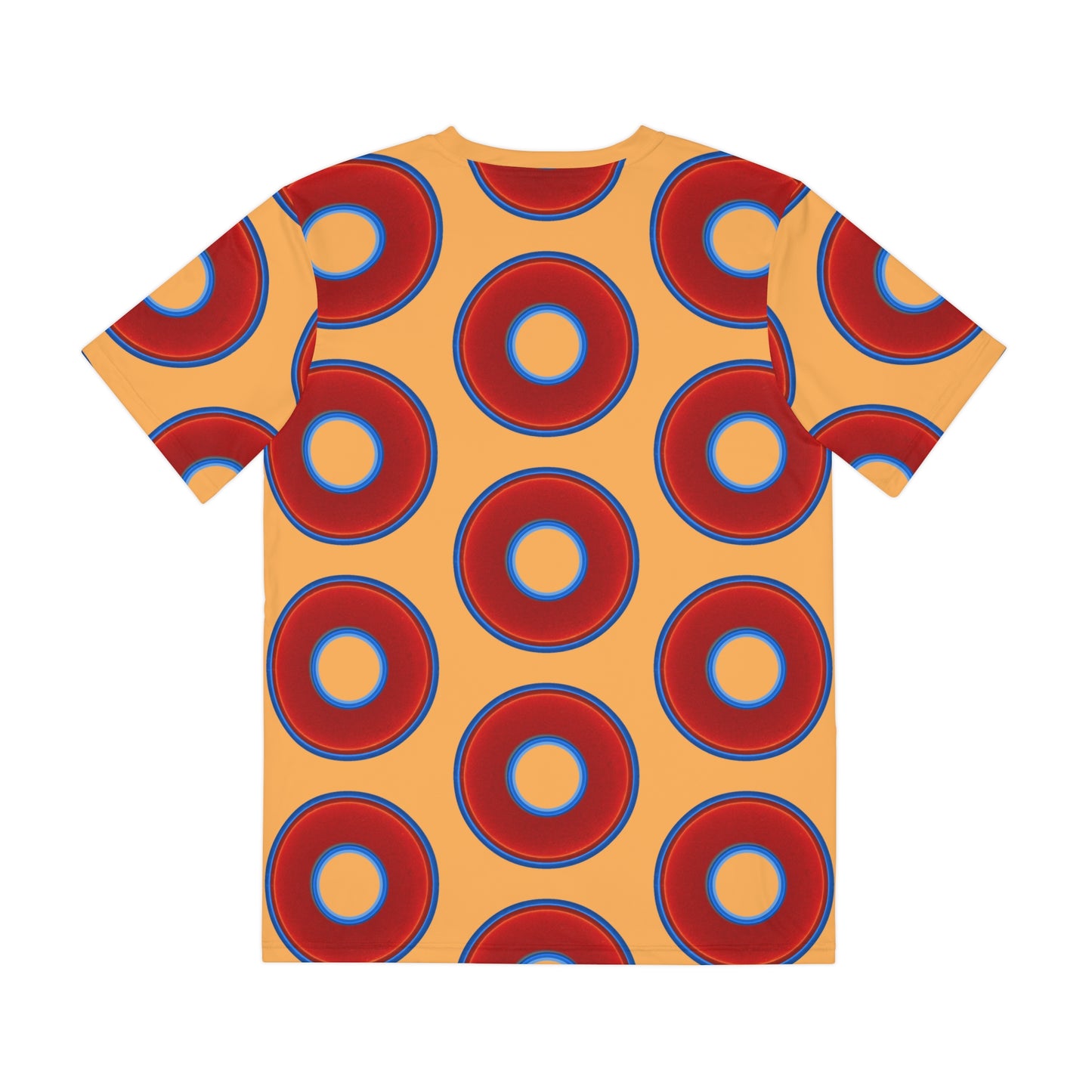 Multi-Beastie Giant Donut AOP Polyester Tee - red vivid donut print w/creamsicle orange background