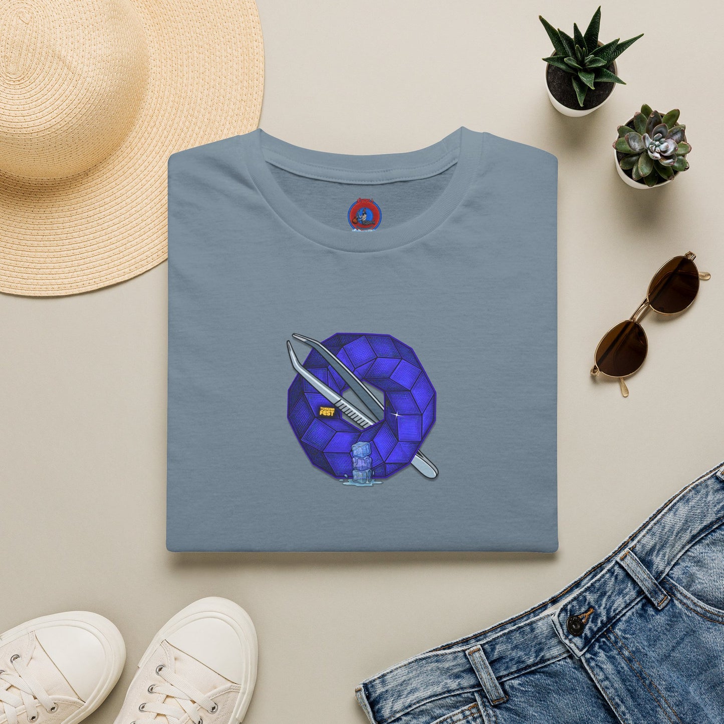 Classic Donut Tee - Unisex Soft-Style - "The Teasing Festivus Donut" - blue rustic cubed donut
