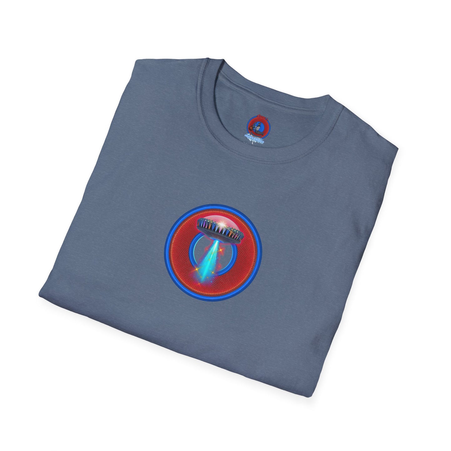 Classic Donut Tee - Unisex Soft-Style - "Donuts now Served on the Mothership" - red/blue donut