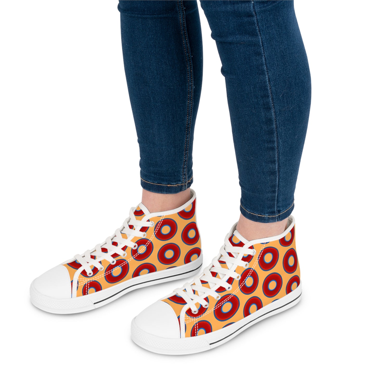 Women's High Top Chuck Taylors - large vivid red donut print w/creamsicle orange background