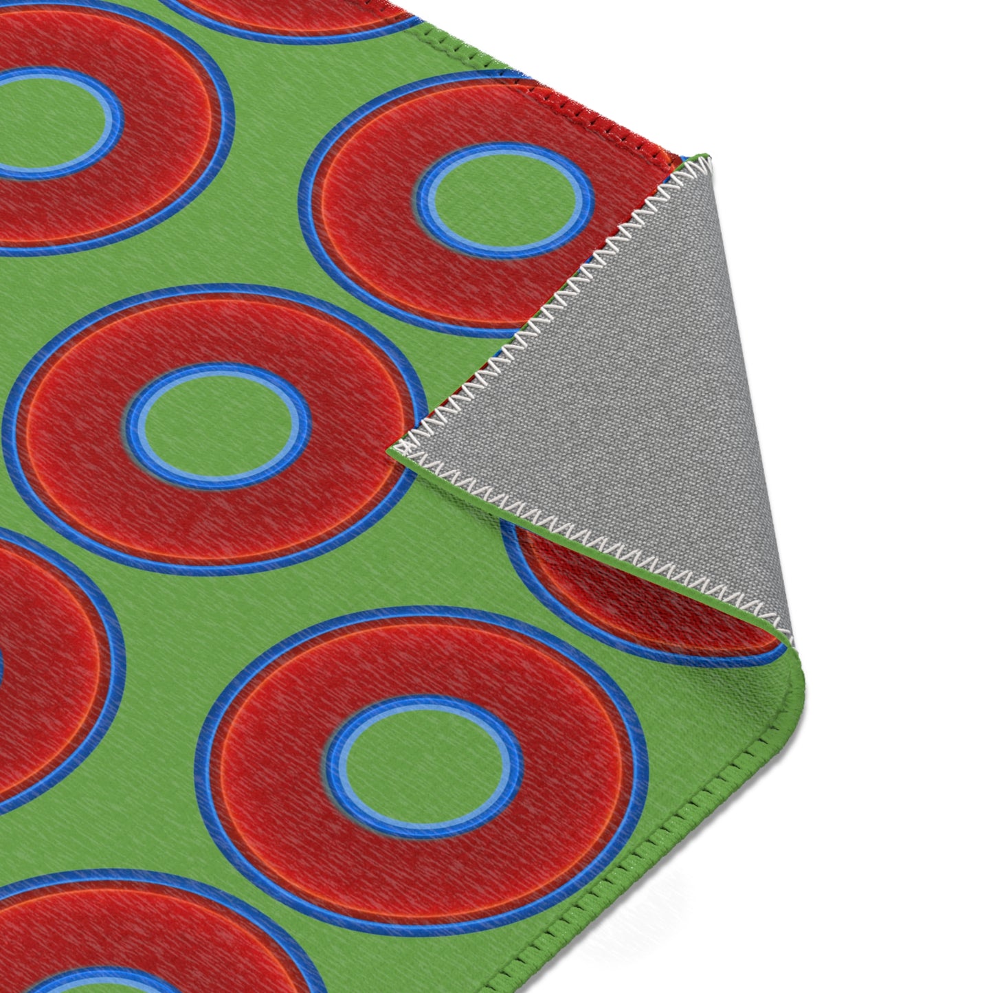 Lumpy Donut Print Rug - choice of 3 sizes - vivid red donut print w/light green background