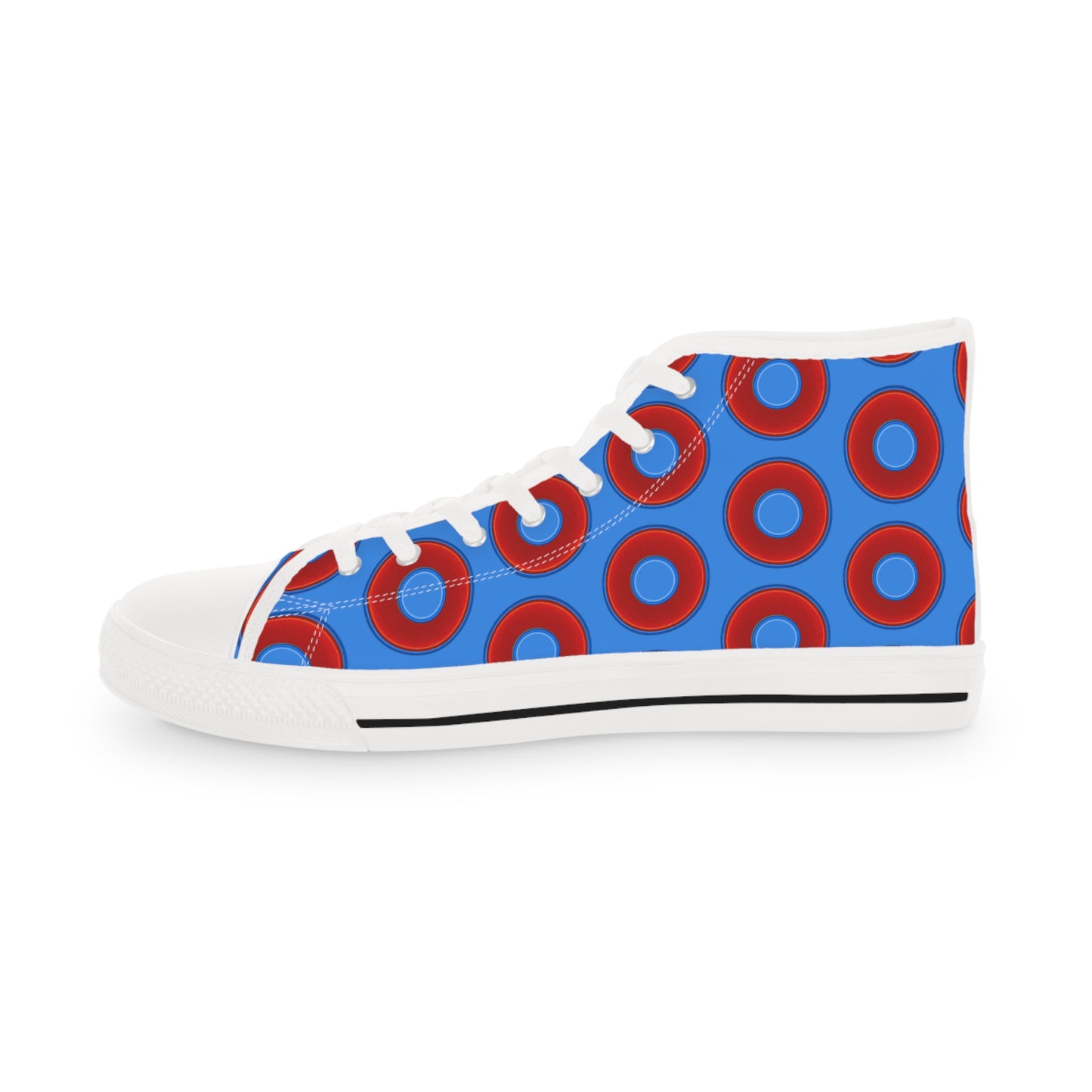 Men's High Top Chucks - large vivid red donut print w/light royal blue background