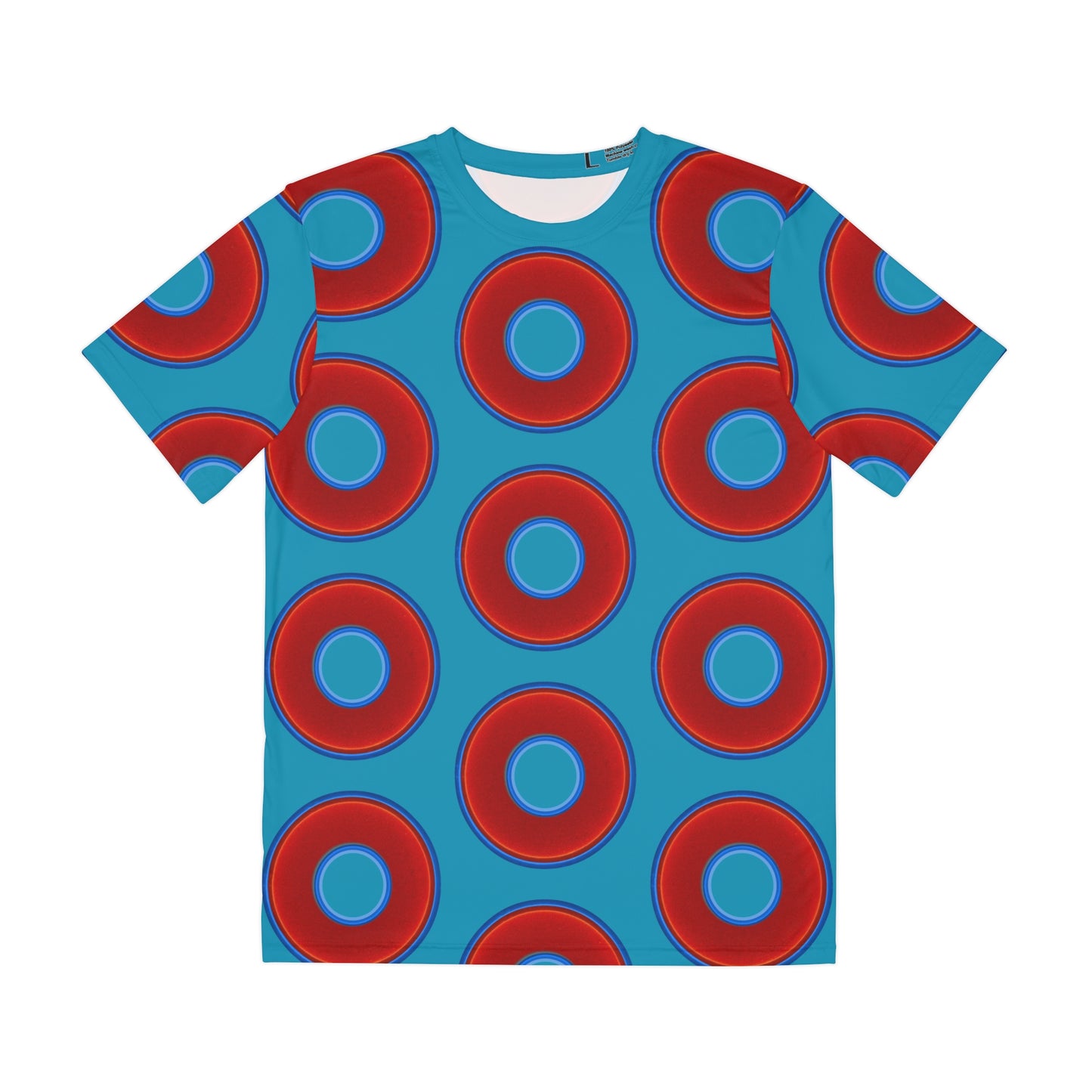 Multi-Beastie Giant Donut AOP Polyester Tee - red vivid donut print w/aquamarine blue background