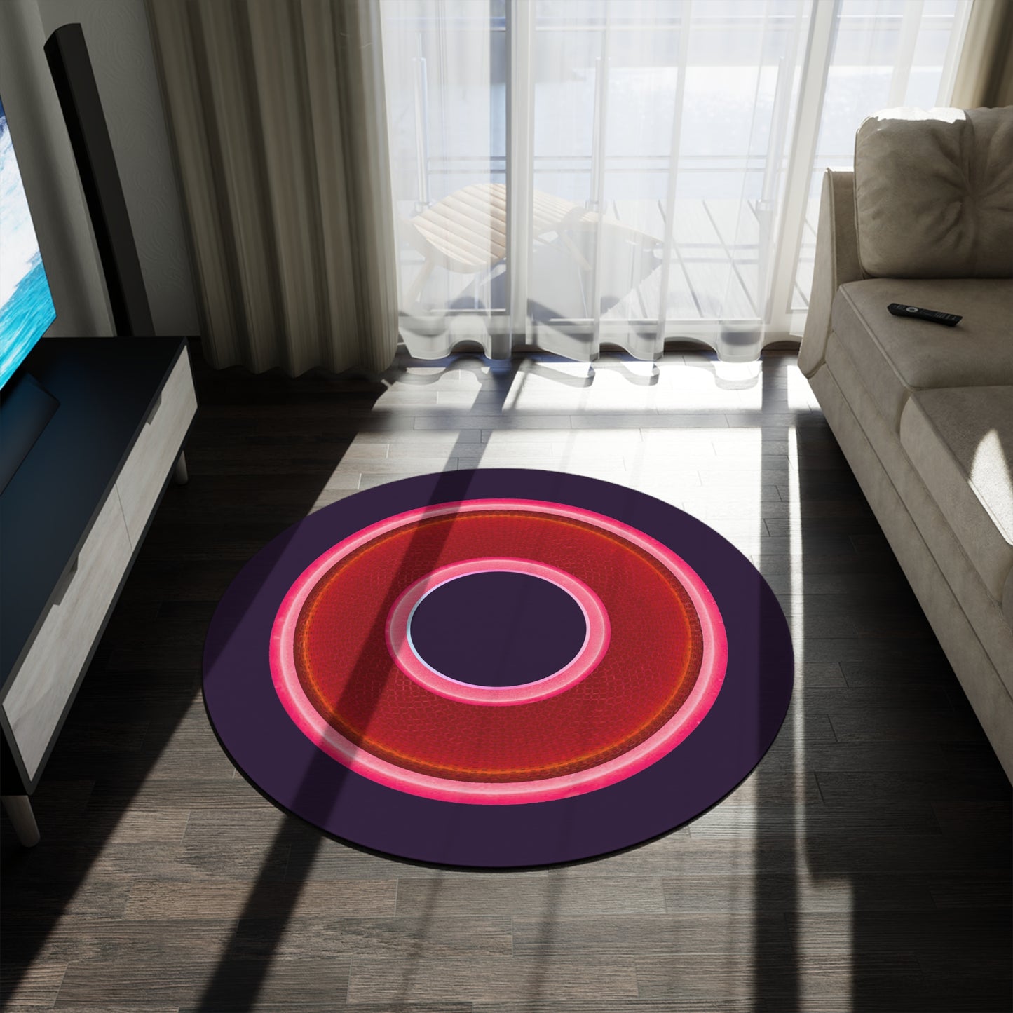 Round Room - 5 ft x 5 ft Lumpy Donut Rug - "Plain Donut" - rustic red/pink donut w/midnight purple background