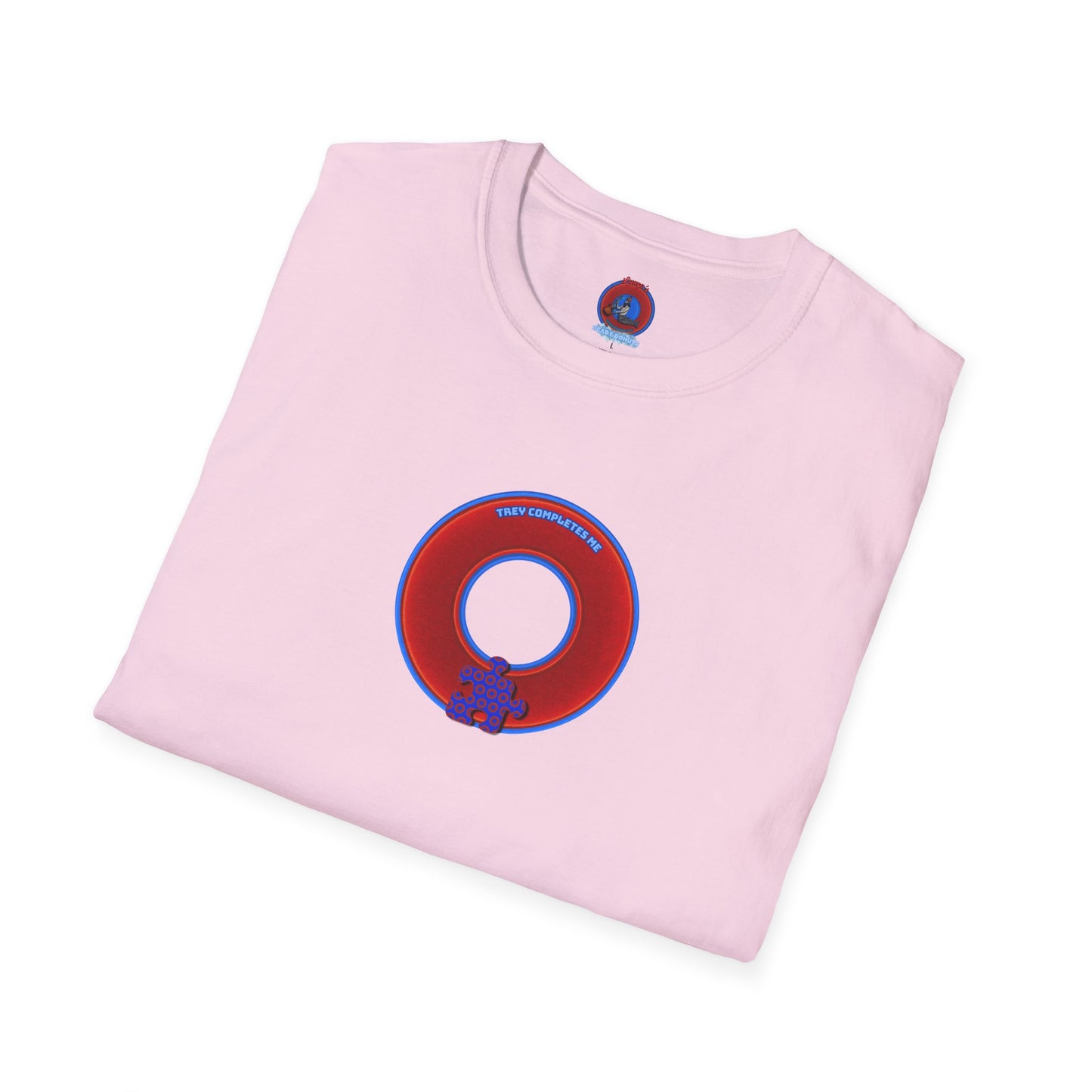 Classic Donut Tee - Unisex Soft-Style - "Trey's Completed Donut" - vivid red/blue donut