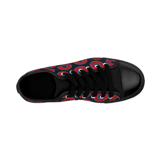 Women's Cushiony Convectors - Low Top - large red vivid donut print w/Blue Charcoal background