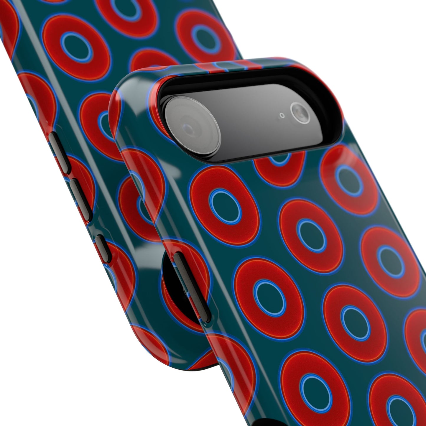 Impact-Resistant Lumpy Donut Case - red vivid donut print w/midnight green background