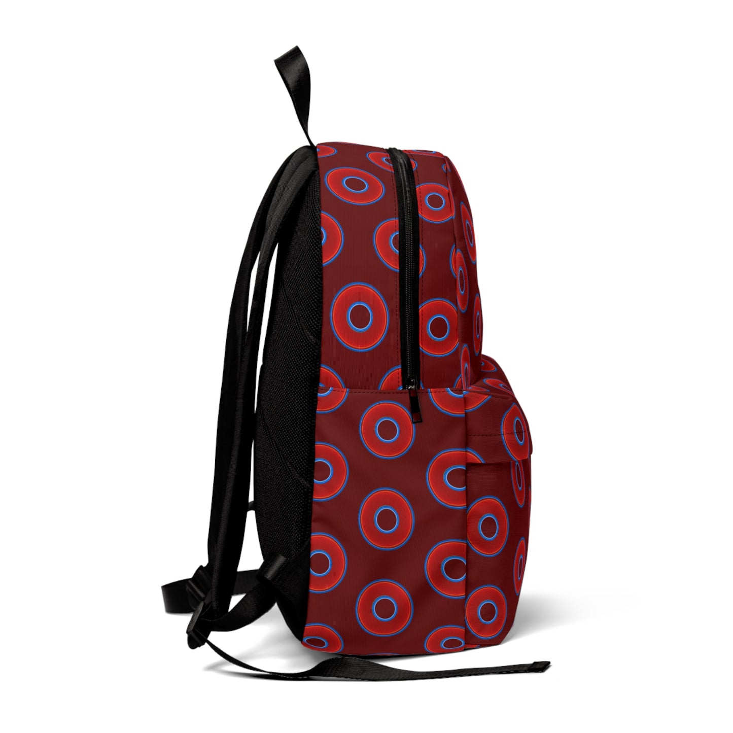 Donut Backpack - red vivid donuts w/dark red background