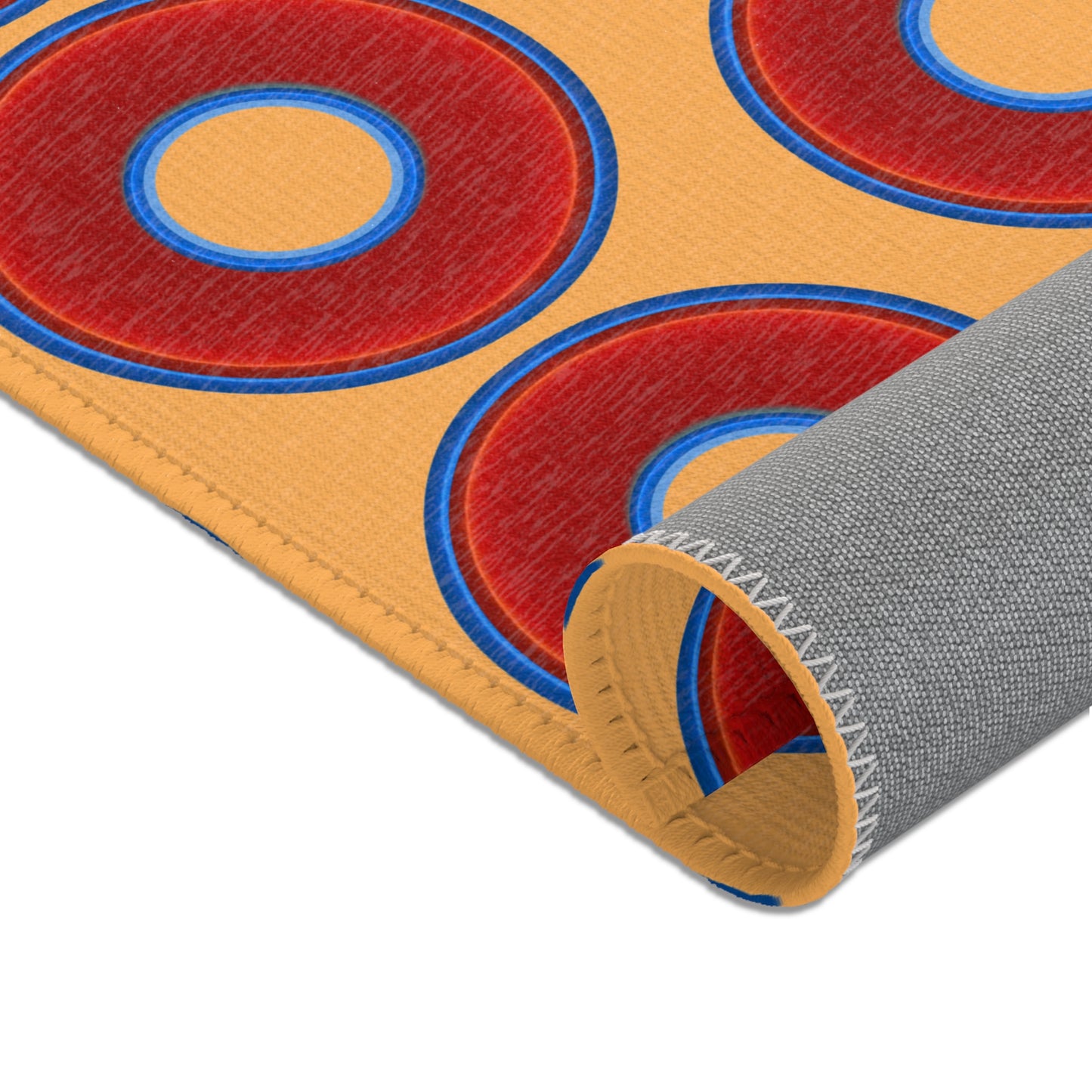 Lumpy Donut Print Rug - choice of 3 sizes - vivid red donut print w/creamsicle orange background