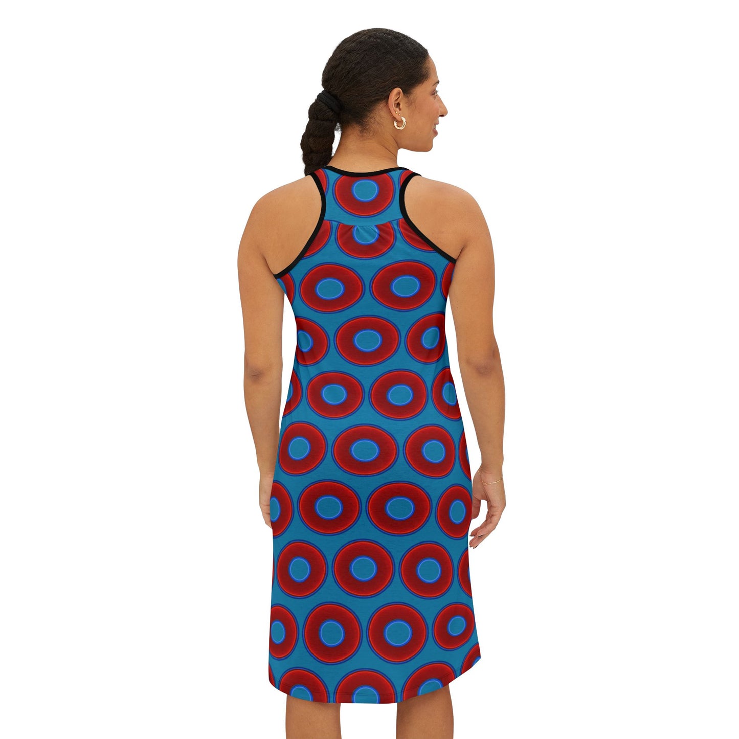 Tela's Lumpy Racerback Donut Dress - red vivid donut print w/aquamarine blue background