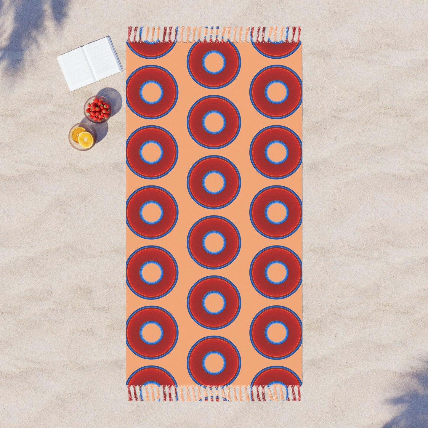Oversized Lumpy Beach Towel - vivid red donuts w/peach background