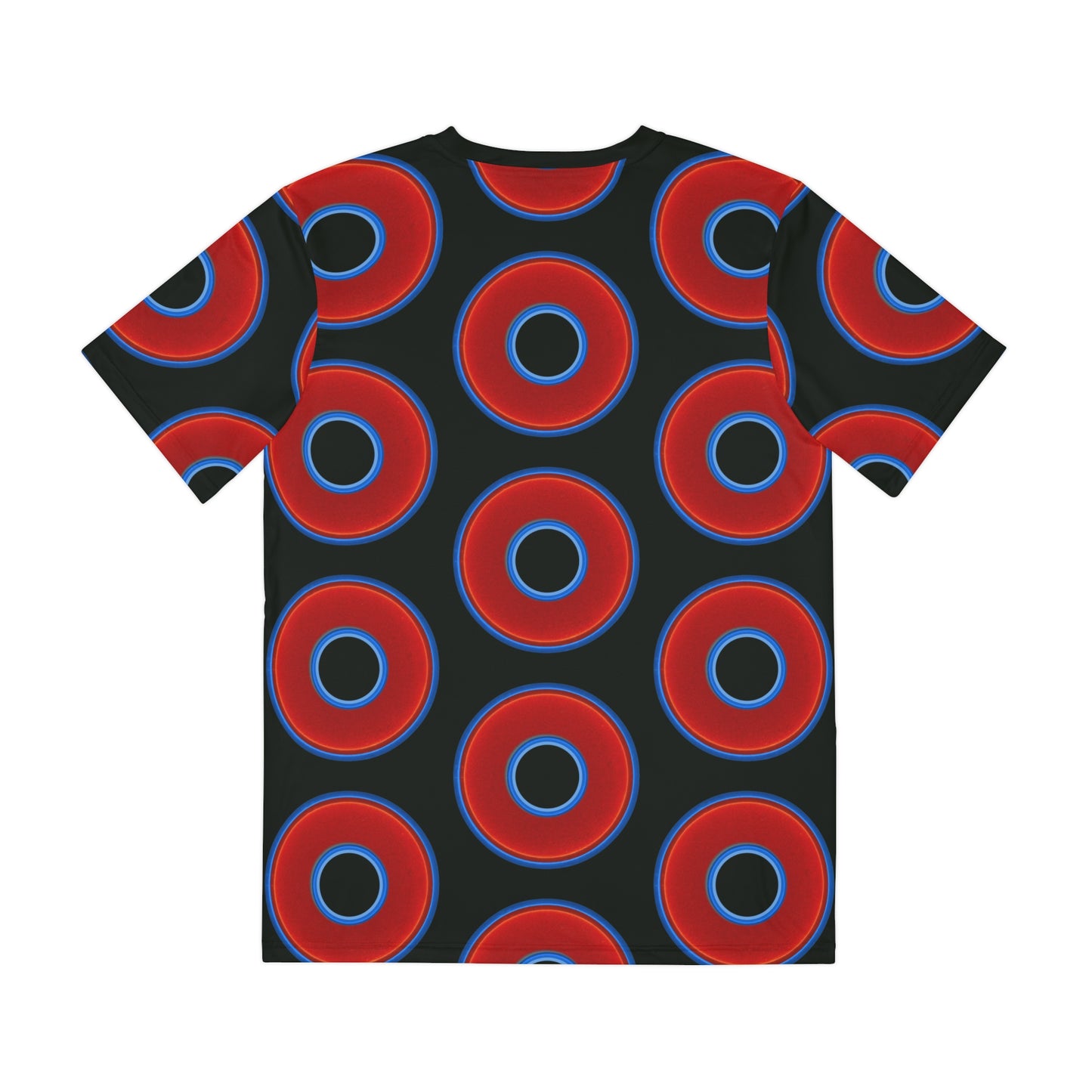 Multi-Beastie Giant Donut AOP Polyester Tee - red vivid donut print w/midnight moss green background
