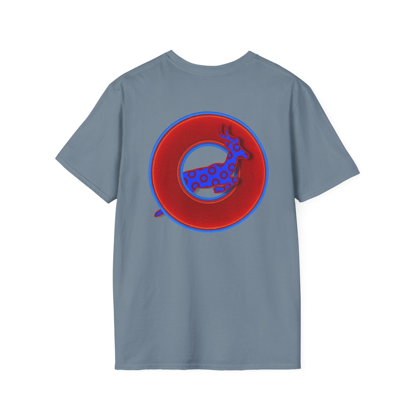 Classic Donut Tee - Unisex Soft-Style - "Out of Control Donut" - vivid red donut - variant 2 "jumping on through"