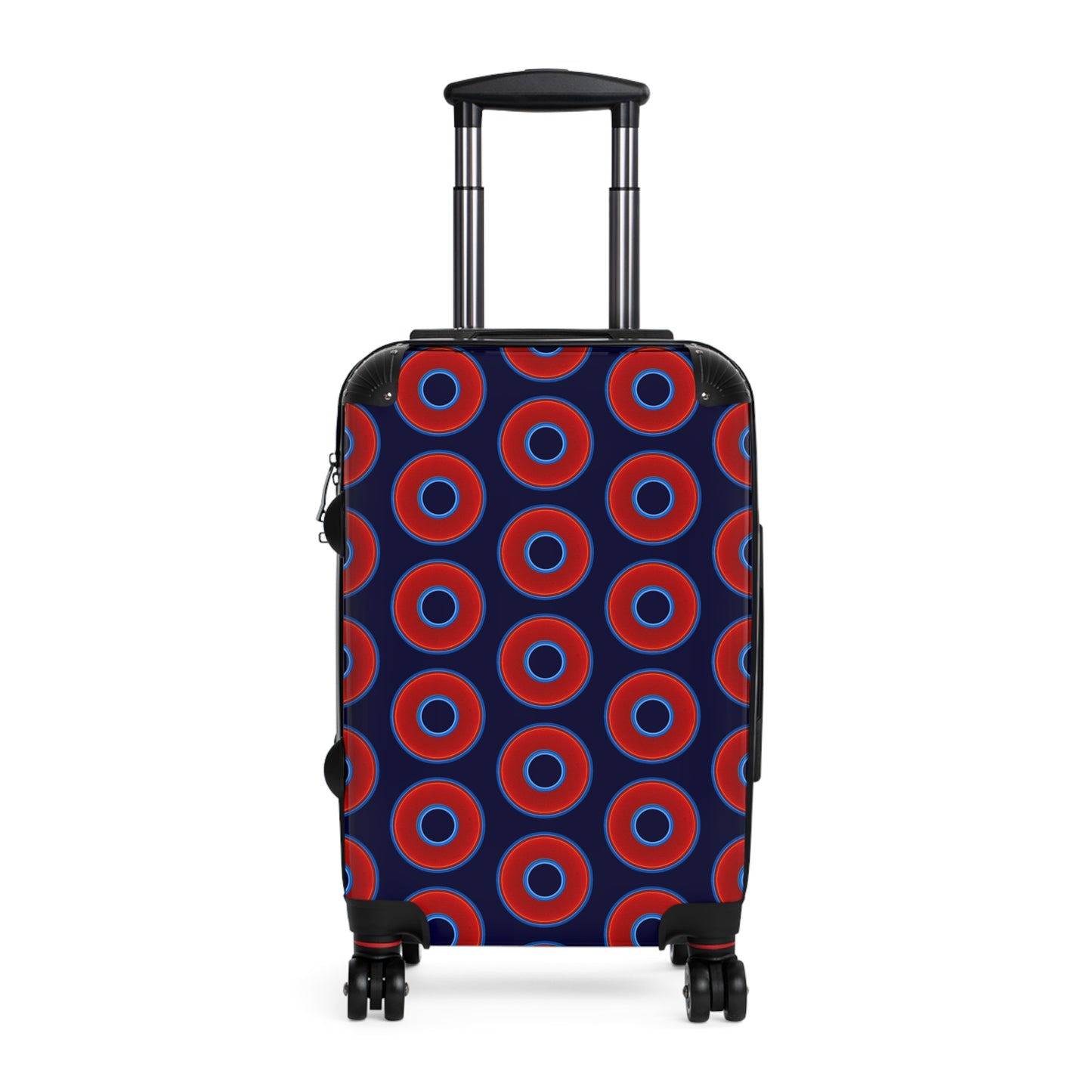 The Very Lumpy Donut Suitcase series - your choice of S, M or L - vivid red donut print w/midnight blue background