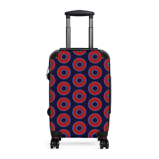 The Very Lumpy Donut Suitcase series - your choice of S, M or L - vivid red donut print w/midnight blue background