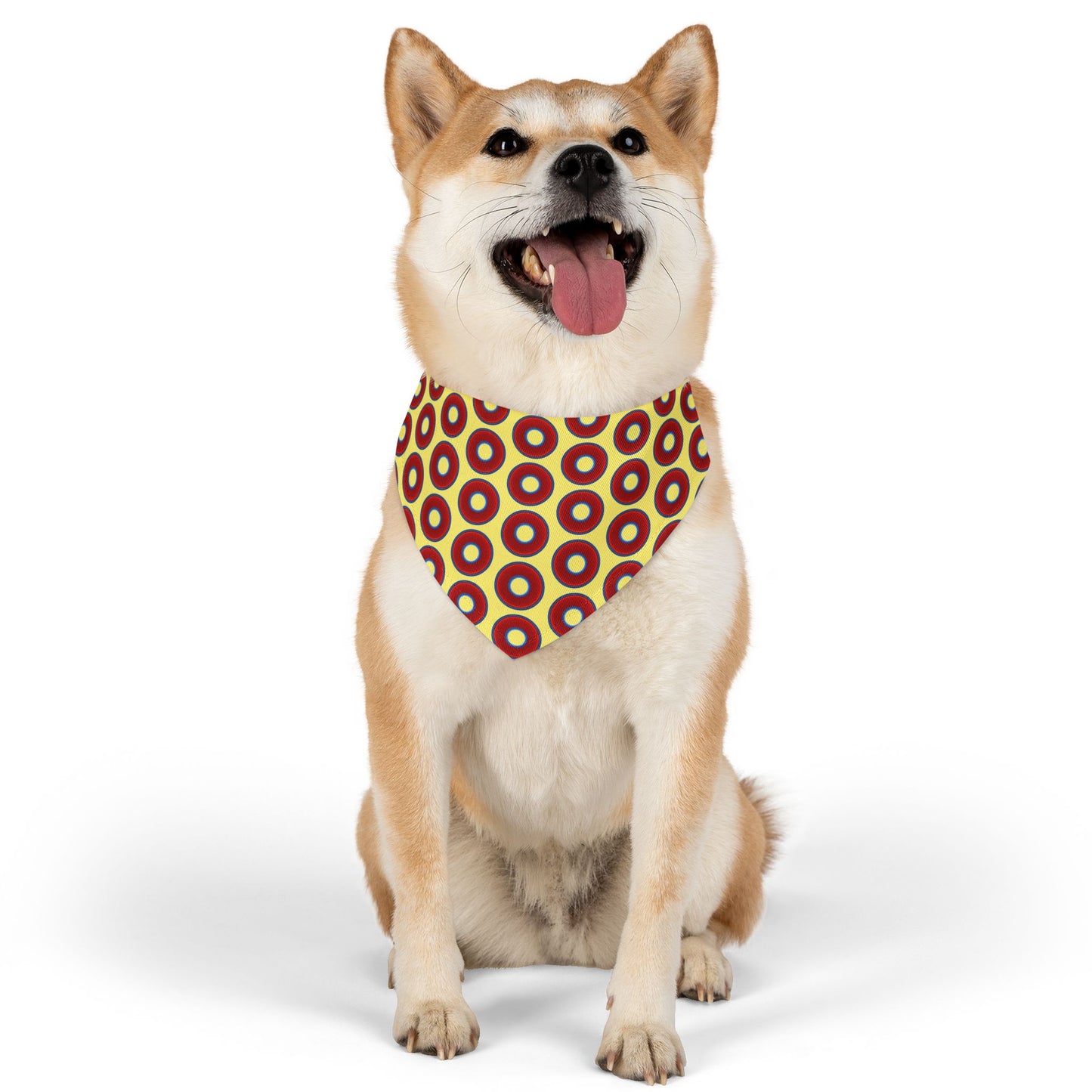 Jim's Lumpy Bandana Pet Collar - vivid red donuts w/yellow background
