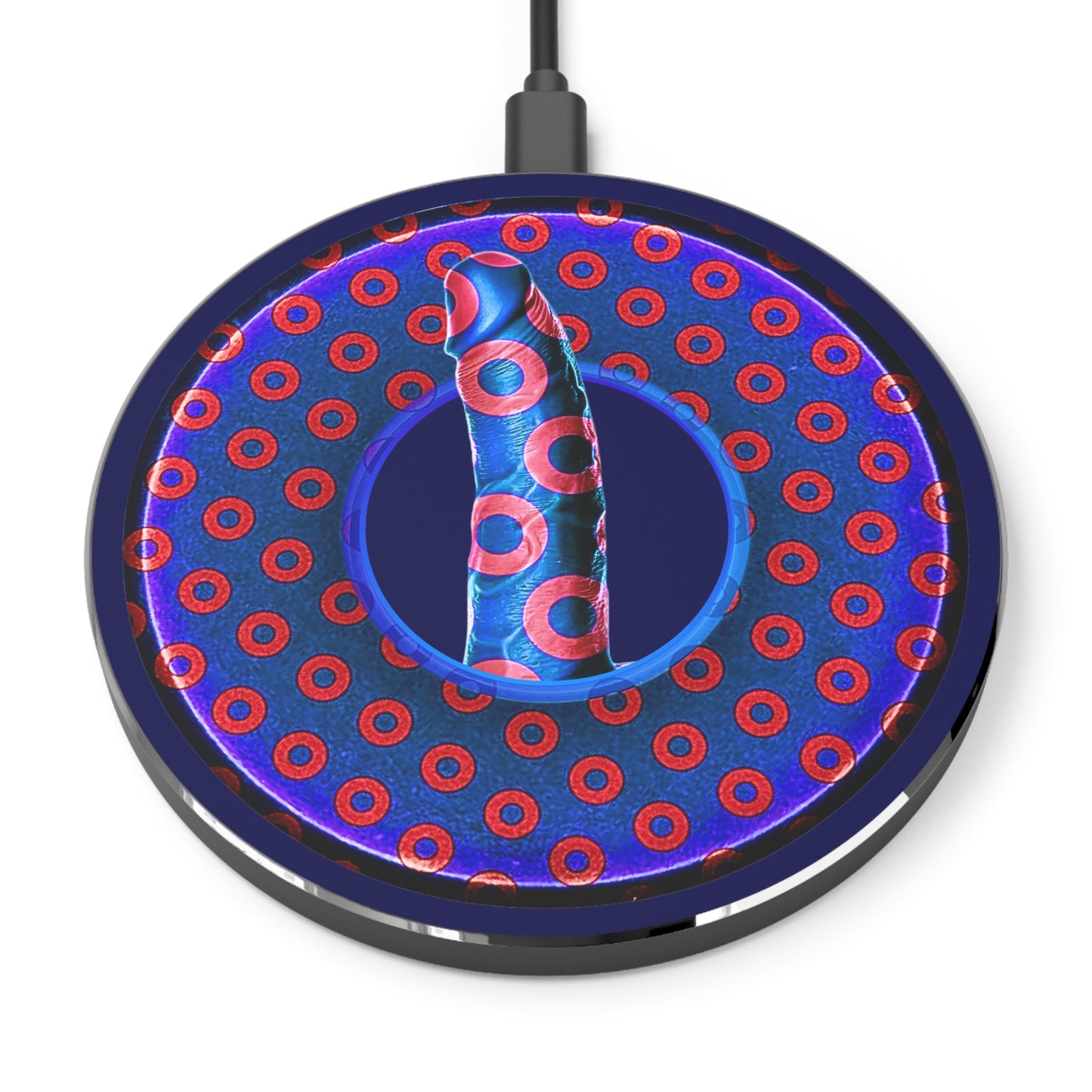 The Flow - Wireless Lumpy Donut Chargers - "Sir Richard's Phamous Donut" - paradoxical blue/red donut w/navy background - variant 3