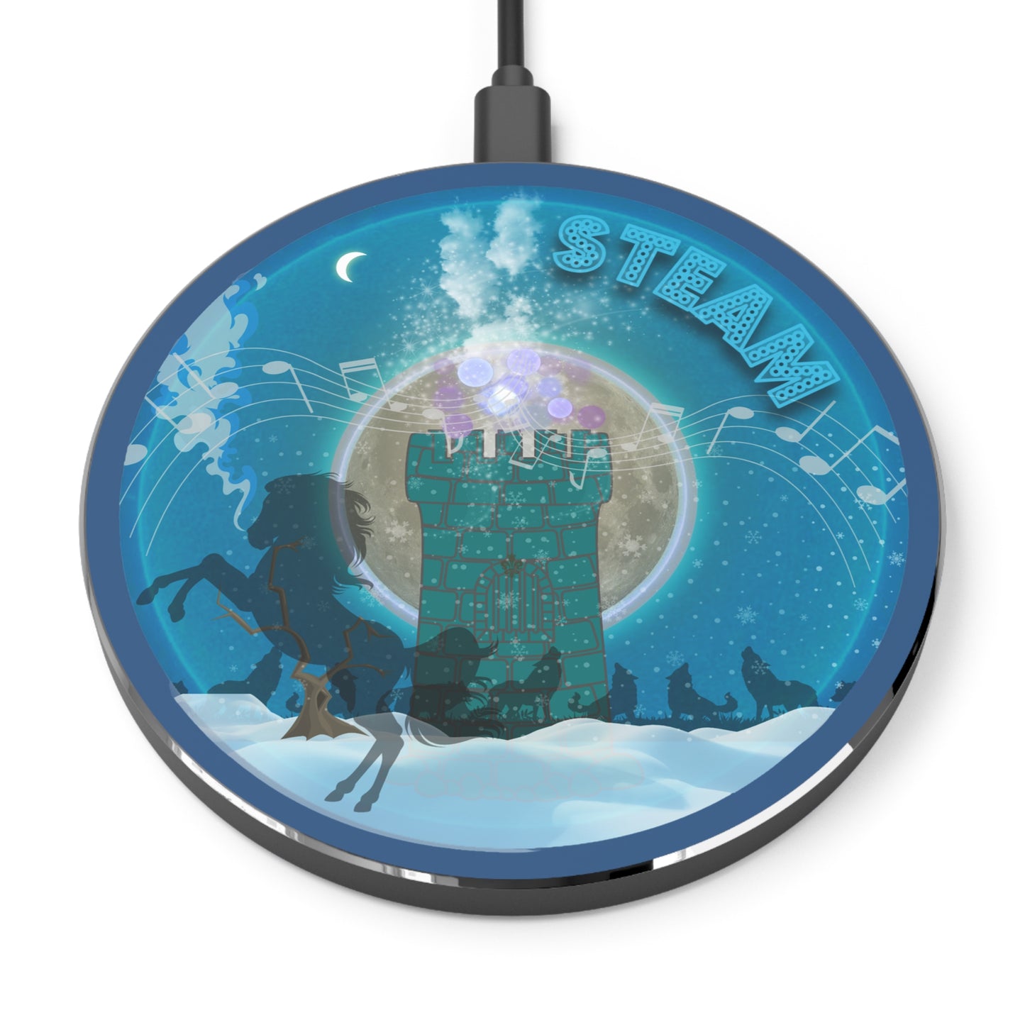 The Flow - Wireless Lumpy Donut Chargers - "Steamed Wireless Donut" - vivid blue donut w/light navy background