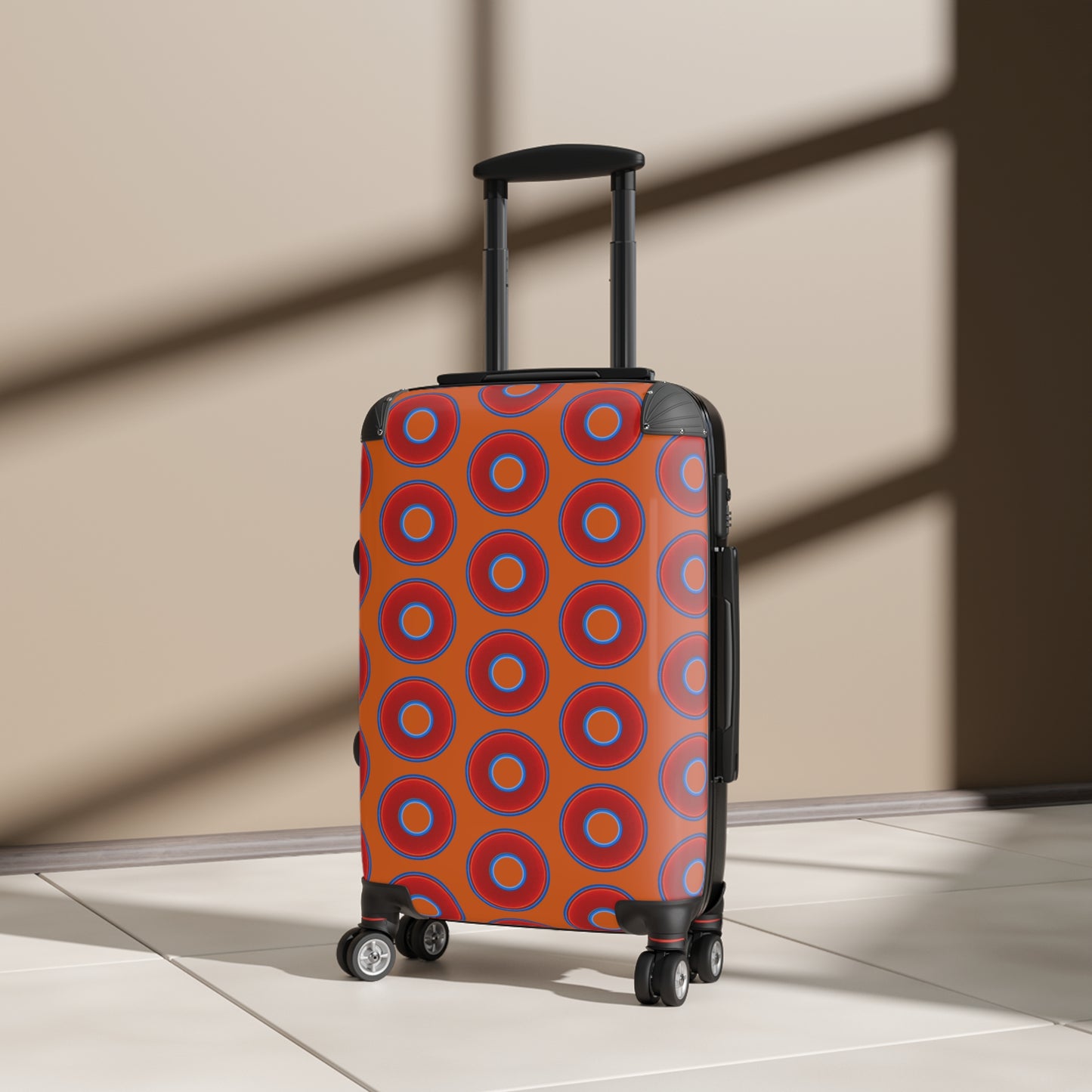 The Very Lumpy Donut Suitcase series - your choice of S, M or L - vivid red donut print w/dark orange background