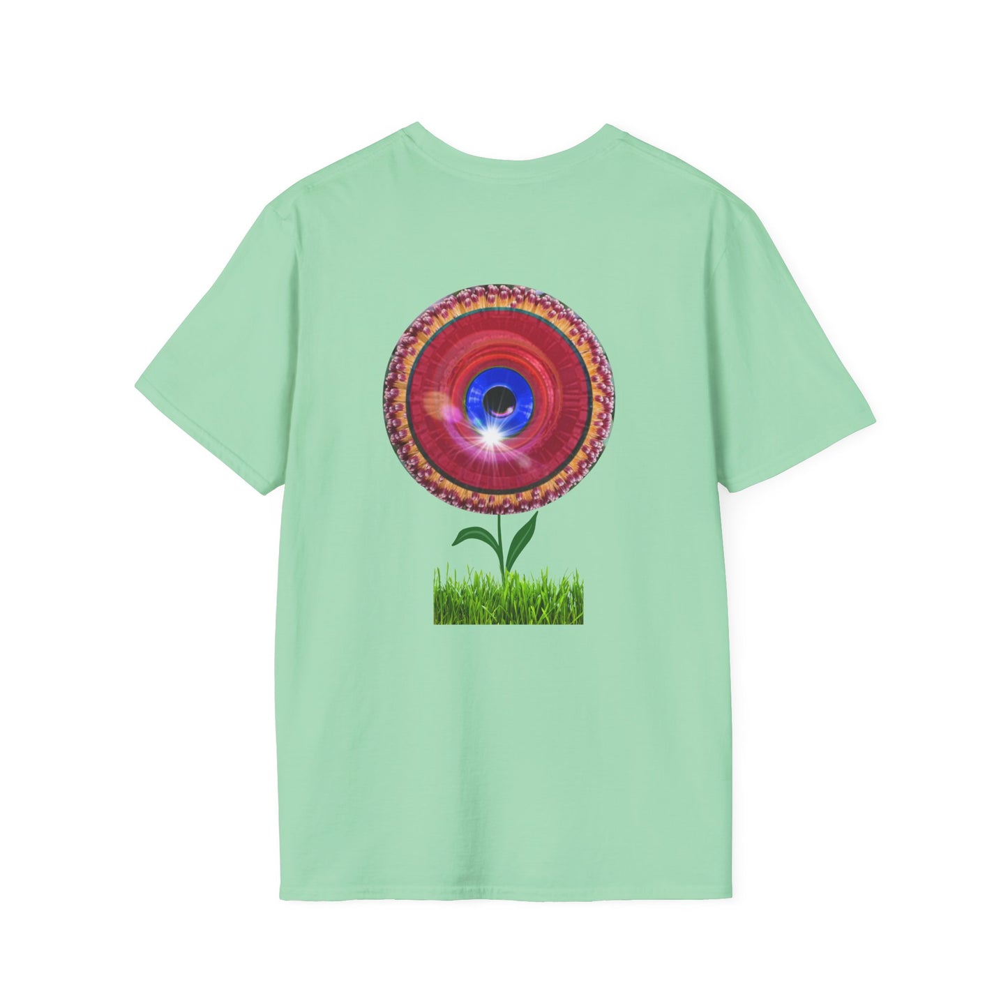 Classic Donut Tee - Unisex Soft-Style - "Smell the Donuts Outside on my Lawn"  " variant 1 - blue donut on red donut/flower