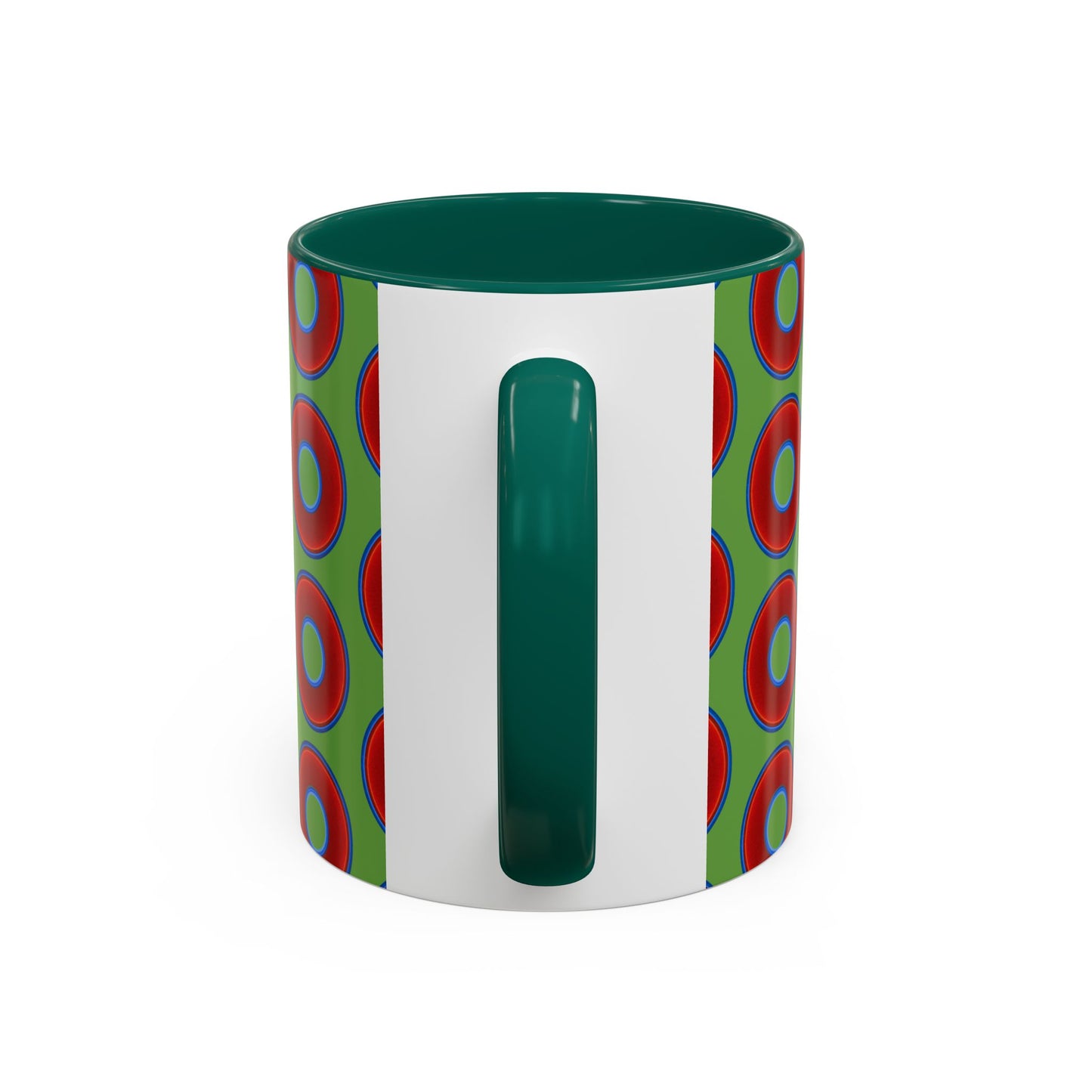 Lump's Grumpy Coffee Mug - vivid red donuts w/light green background
