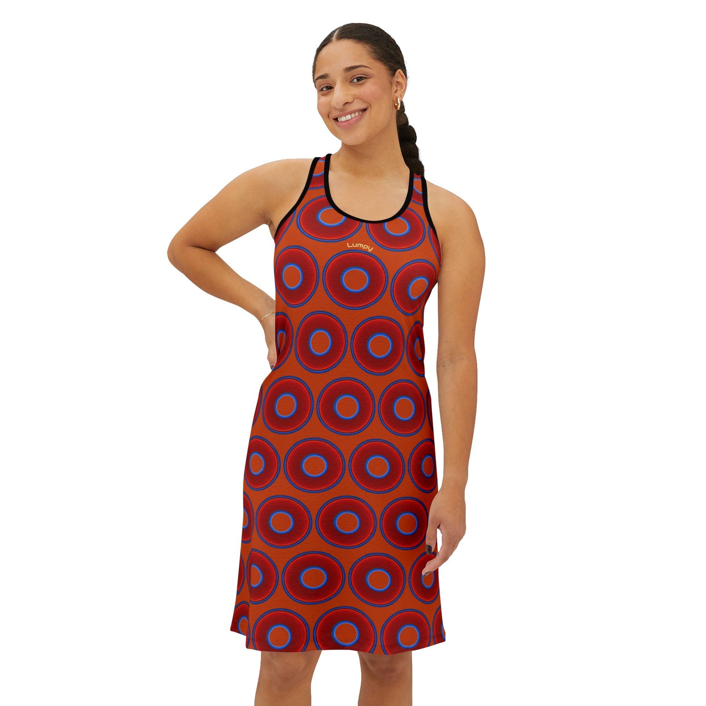 Tela's Lumpy Racerback Donut Dress - red vivid donut print w/orange background