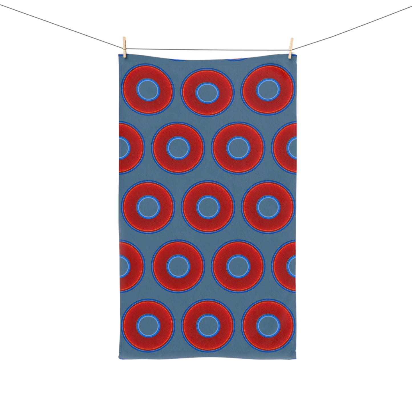 Lumpy Kitchen/Hand Towels - vivid red donuts w/steel blue background