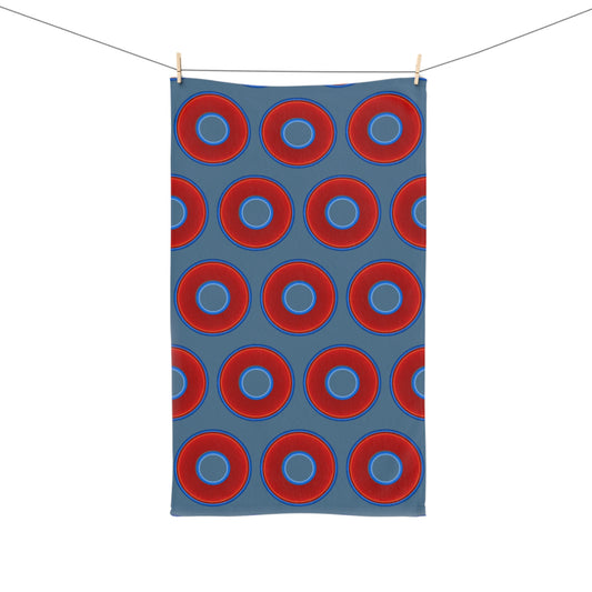 Lumpy Kitchen/Hand Towels - vivid red donuts w/steel blue background