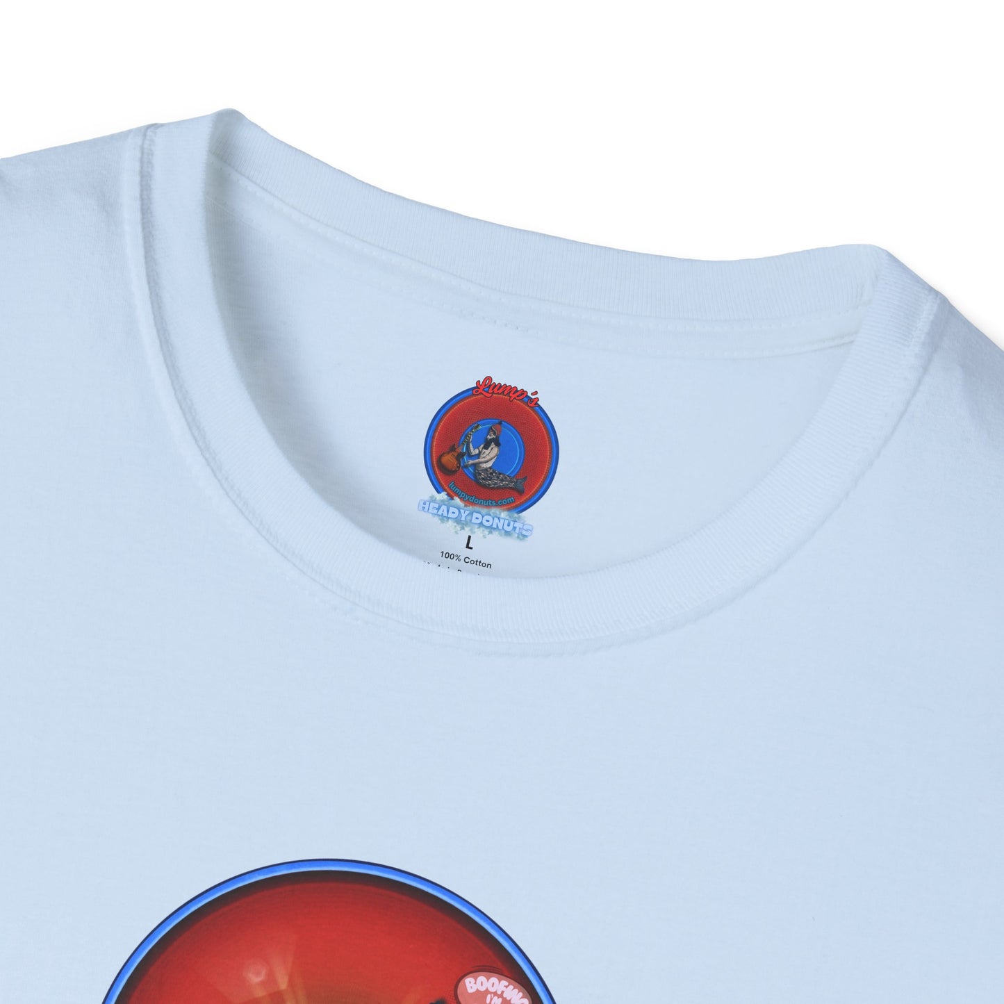 Classic Donut Tee - Unisex Soft-Style - "Indiana is for Boofers" - vivid red/blue plumpy donut - variant 2 - w/sun drop