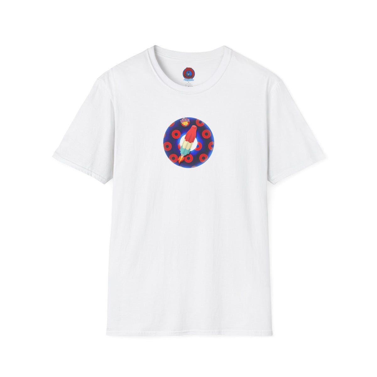 Classic Donut Tee - Unisex Soft-Style - "Blow this Popsicle Stand" - blue/red paradox bomb pop donut - variant 3