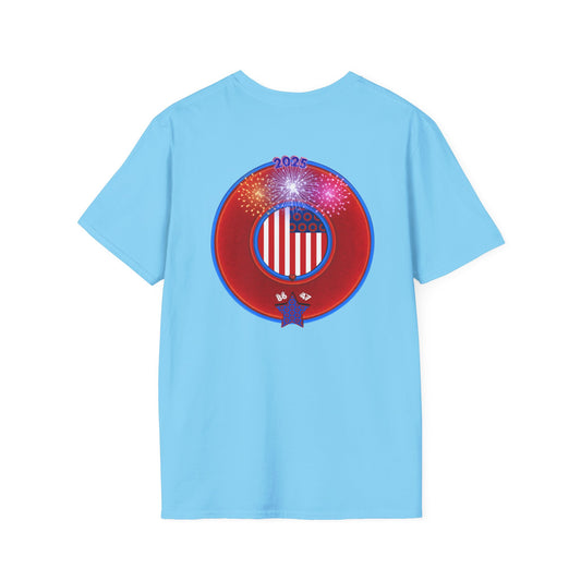 Classic Donut Tee - Unisex Soft-Style - "One Indivisible Donut" - vivid red phreedom donut - w/fireworks - variant 3